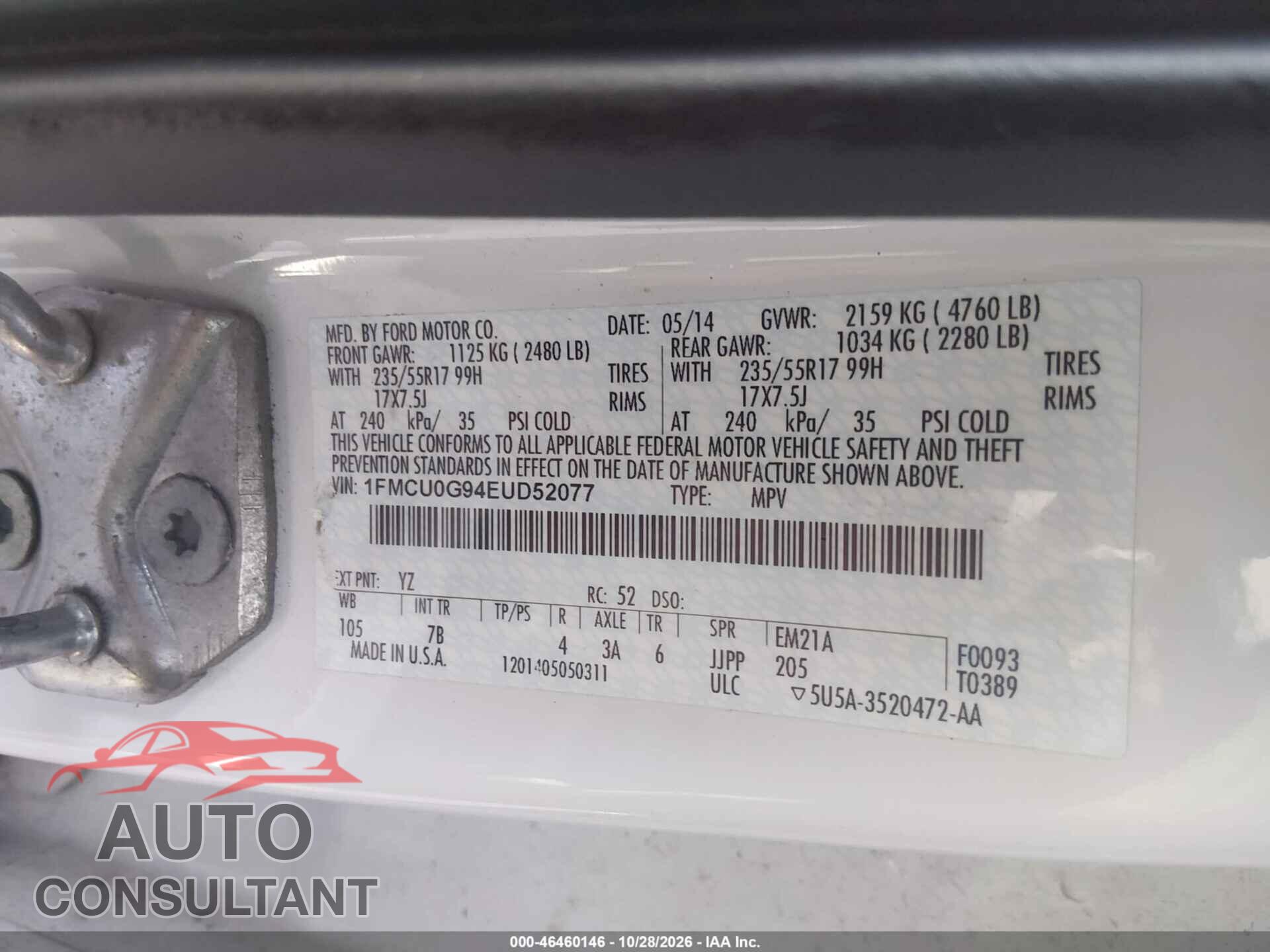 FORD ESCAPE 2014 - 1FMCU0G94EUD52077