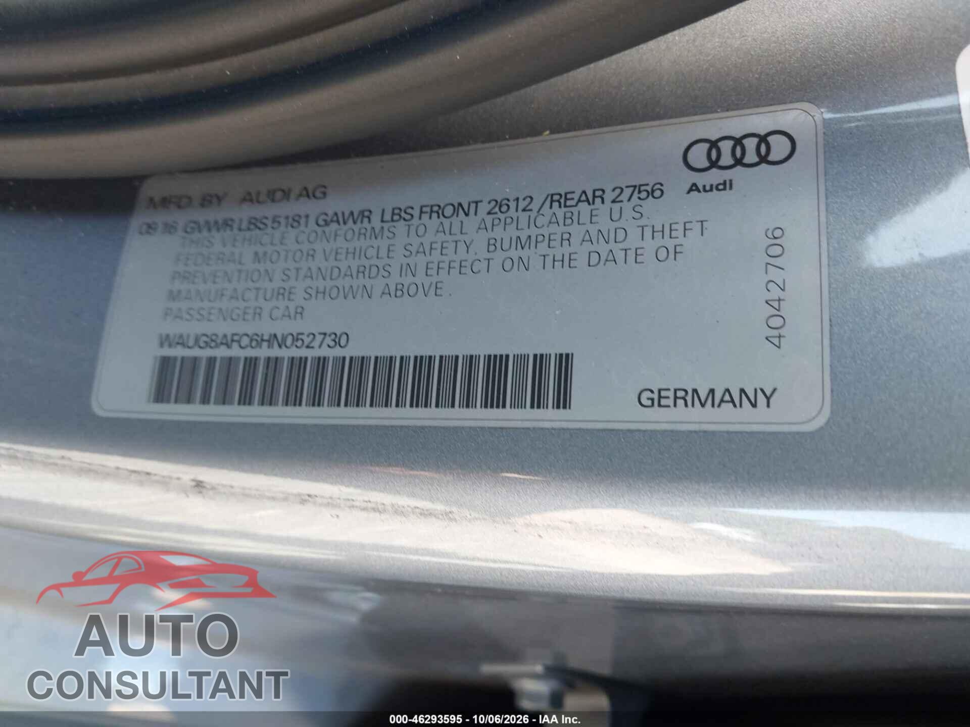 AUDI A6 2017 - WAUG8AFC6HN052730