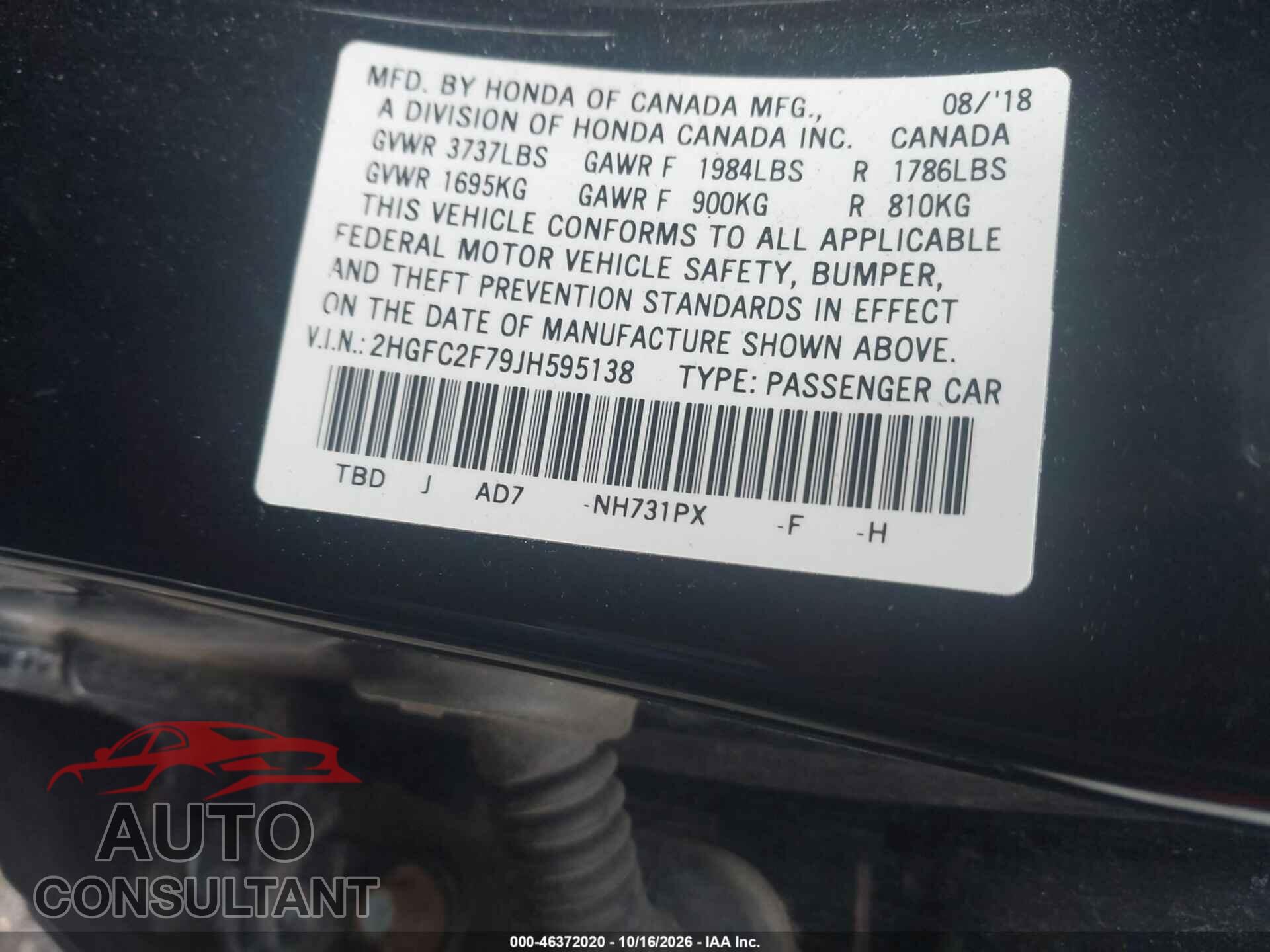 HONDA CIVIC 2018 - 2HGFC2F79JH595138