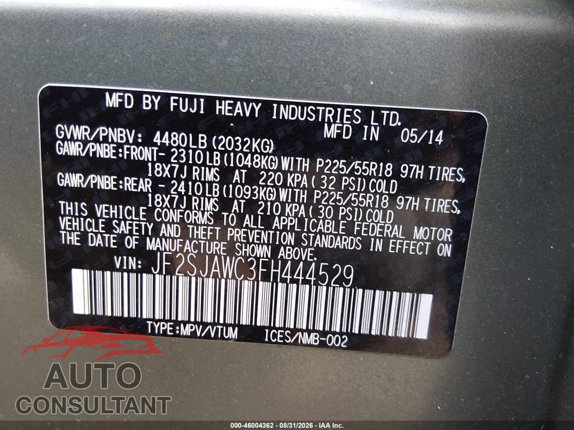 SUBARU FORESTER 2015 - JF2SJAWC3FH444529