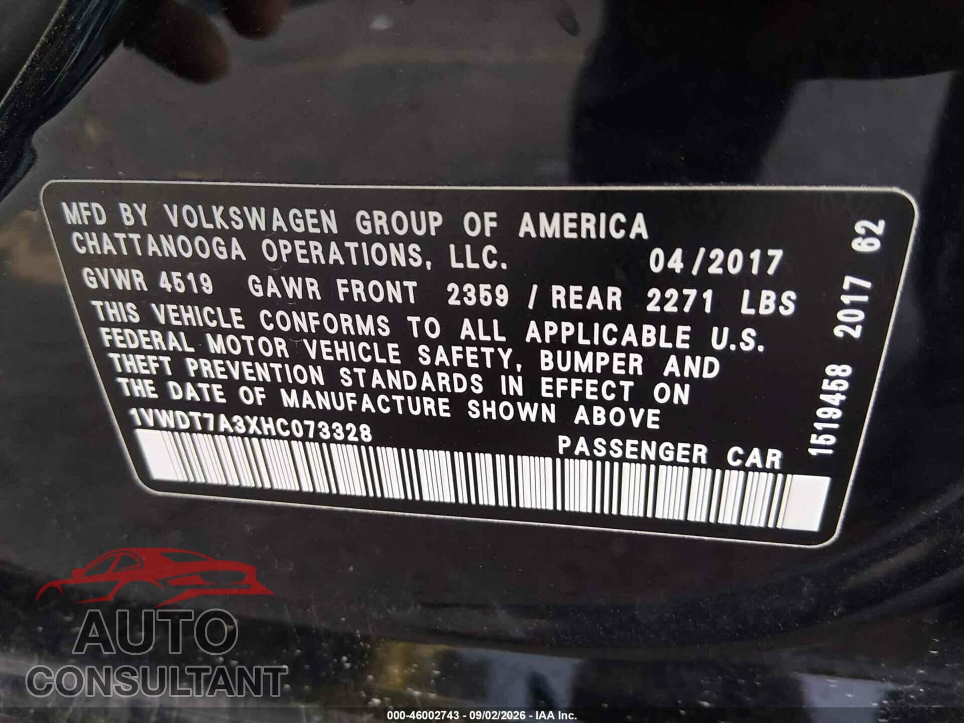 VOLKSWAGEN PASSAT 2017 - 1VWDT7A3XHC073328