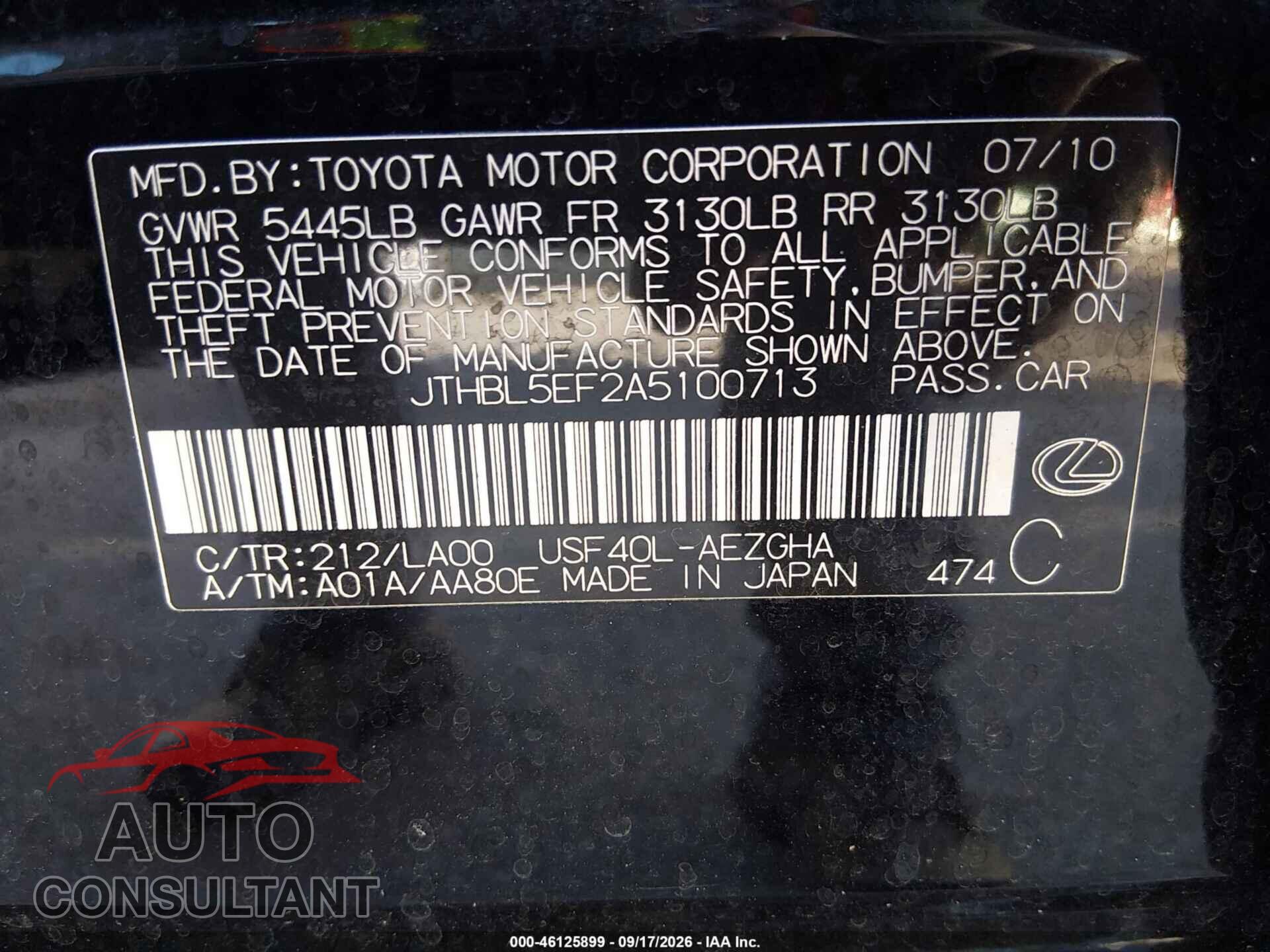 LEXUS LS 460 2010 - JTHBL5EF2A5100713