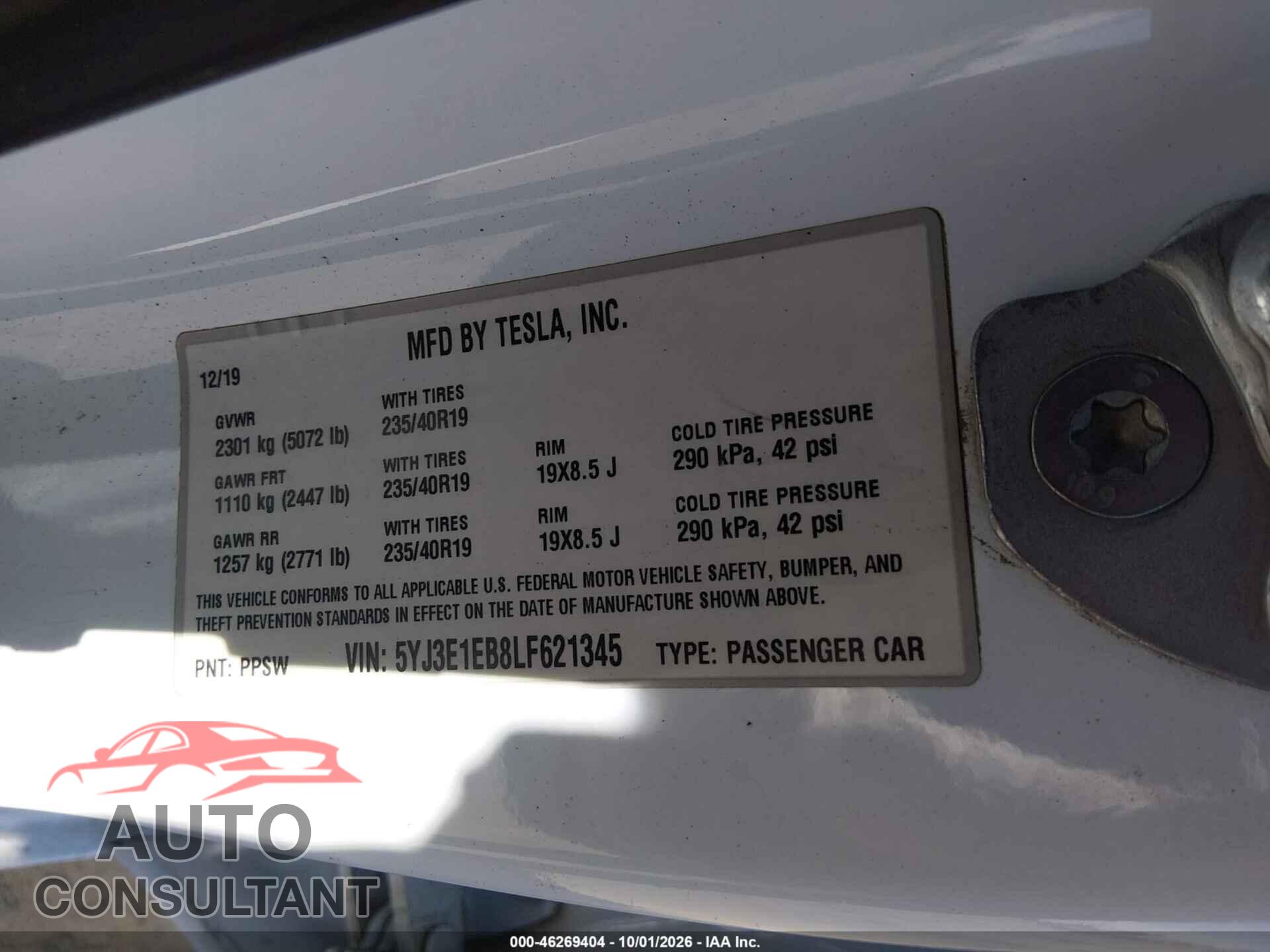 TESLA MODEL 3 2020 - 5YJ3E1EB8LF621345