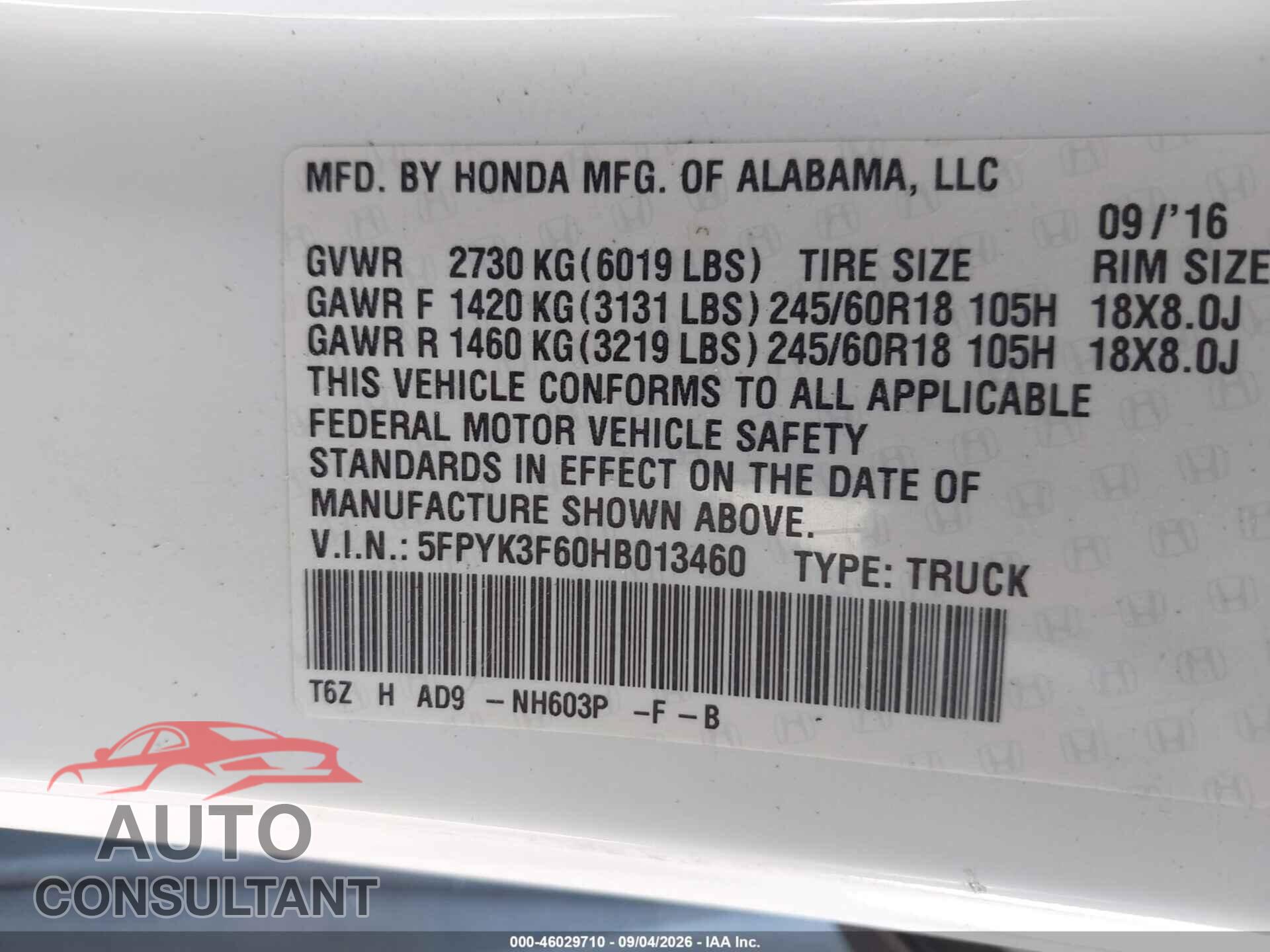 HONDA RIDGELINE 2017 - 5FPYK3F60HB013460
