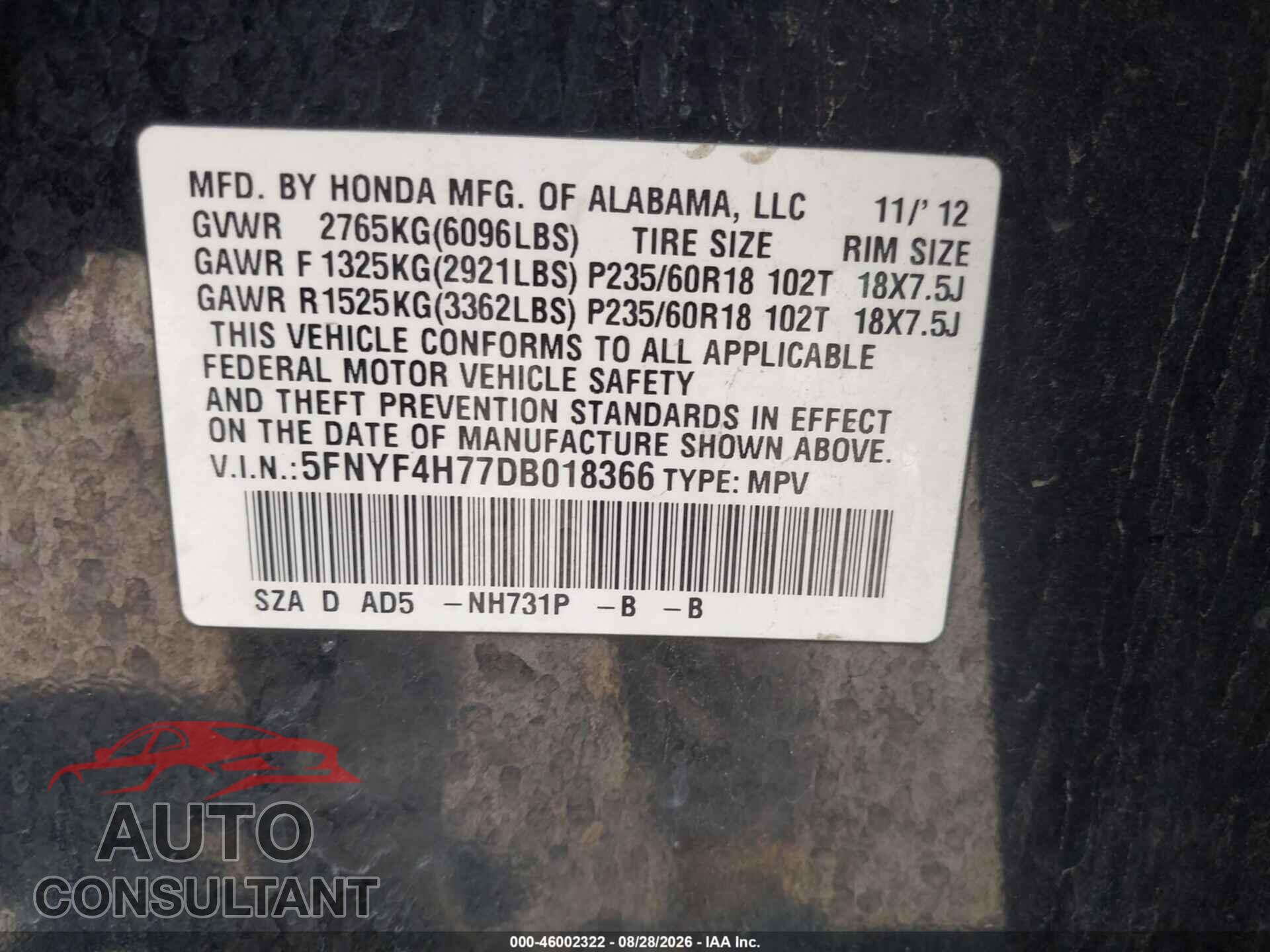 HONDA PILOT 2013 - 5FNYF4H77DB018366