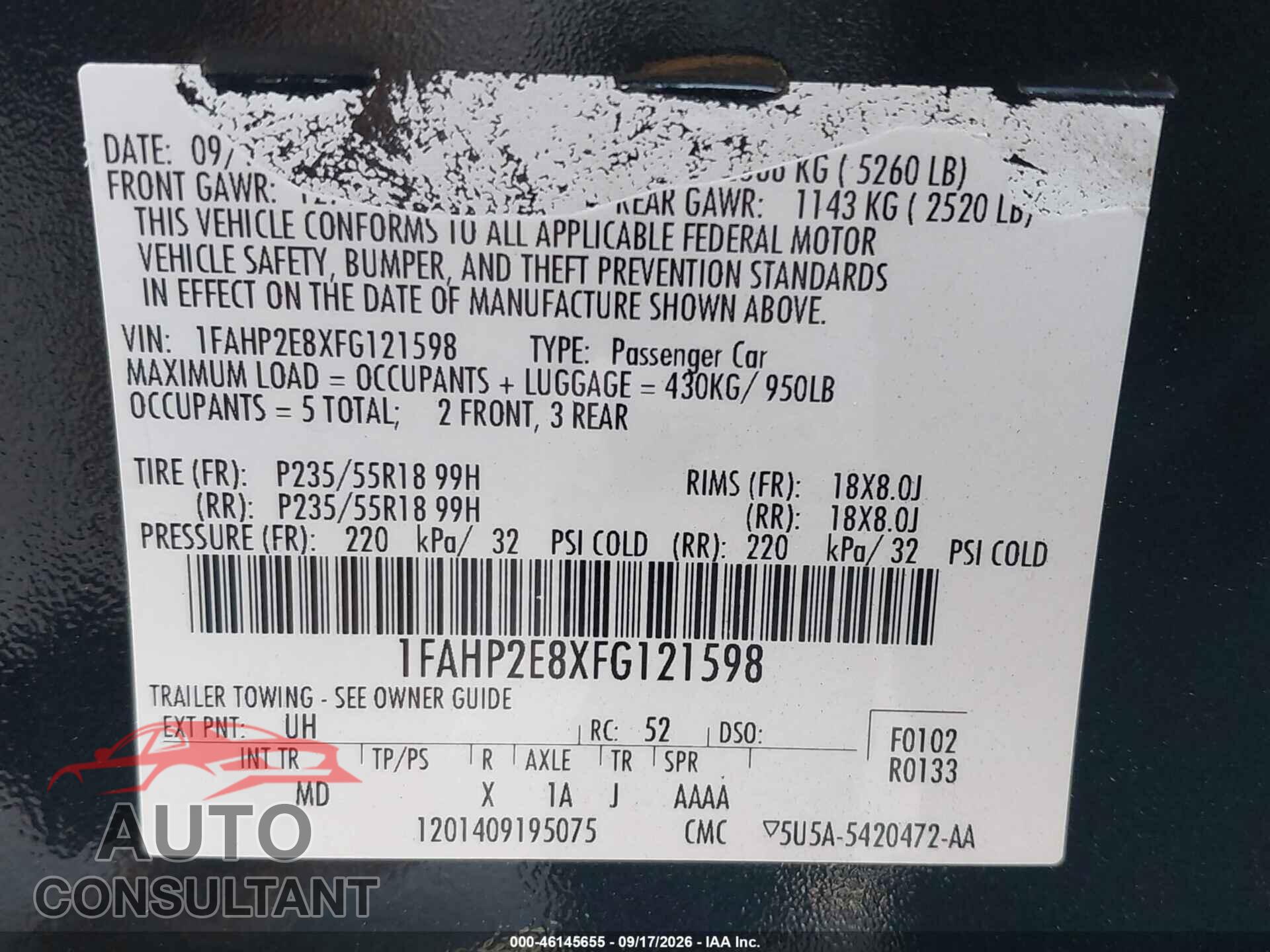 FORD TAURUS 2015 - 1FAHP2E8XFG121598