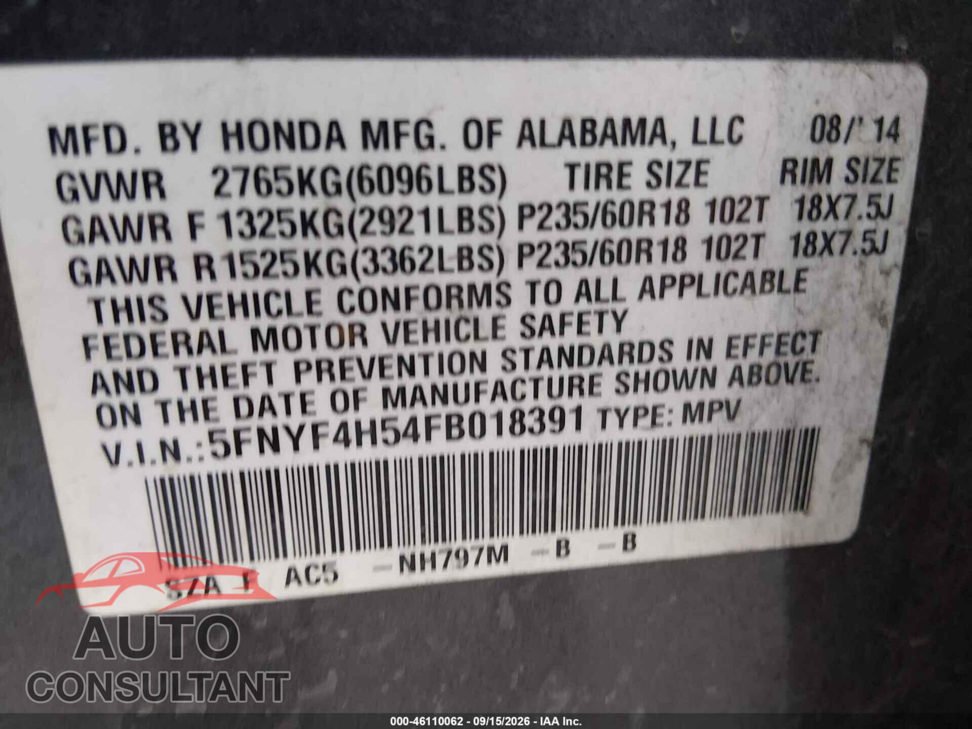 HONDA PILOT 2015 - 5FNYF4H54FB018391