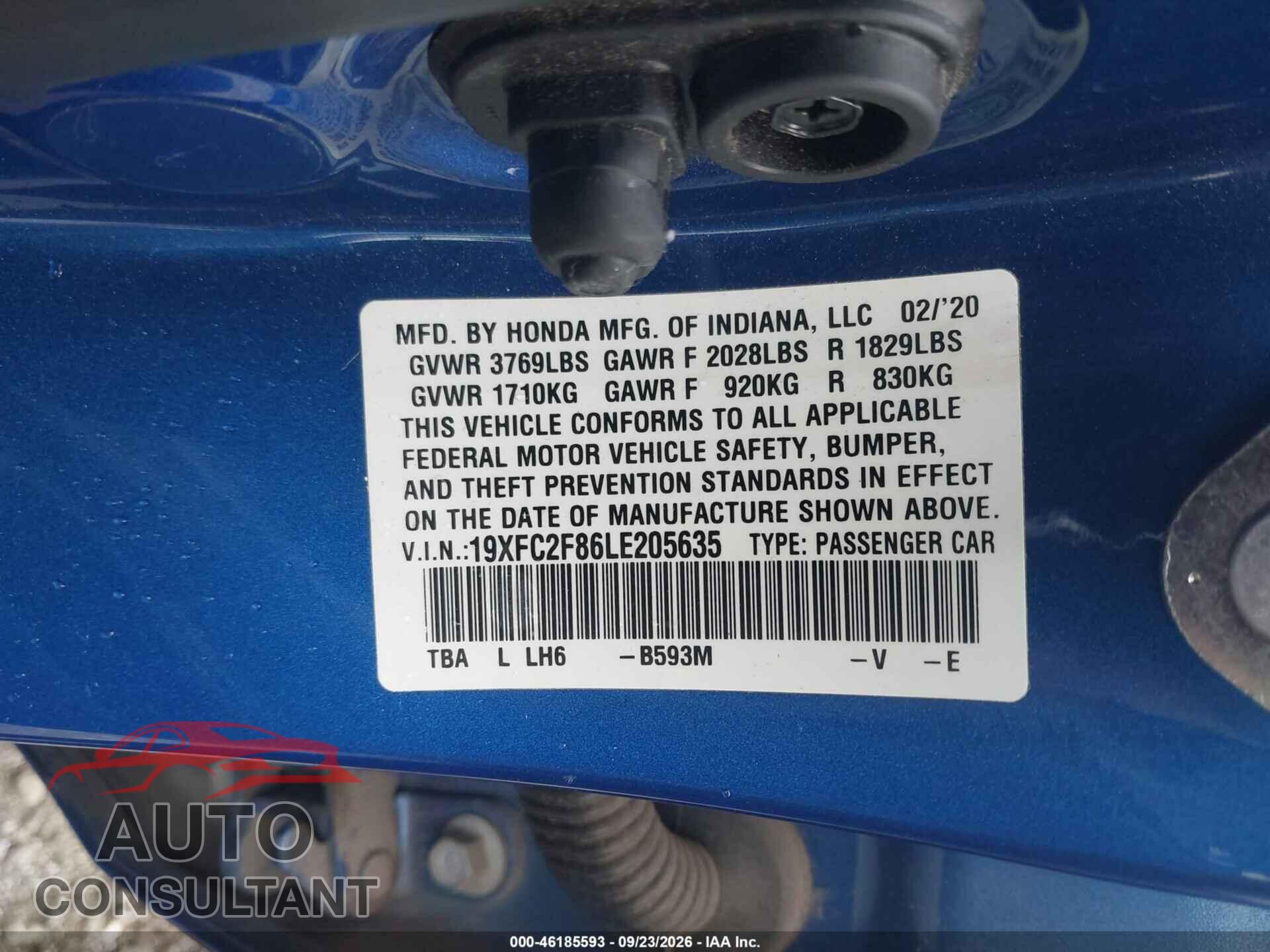 HONDA CIVIC 2020 - 19XFC2F86LE205635