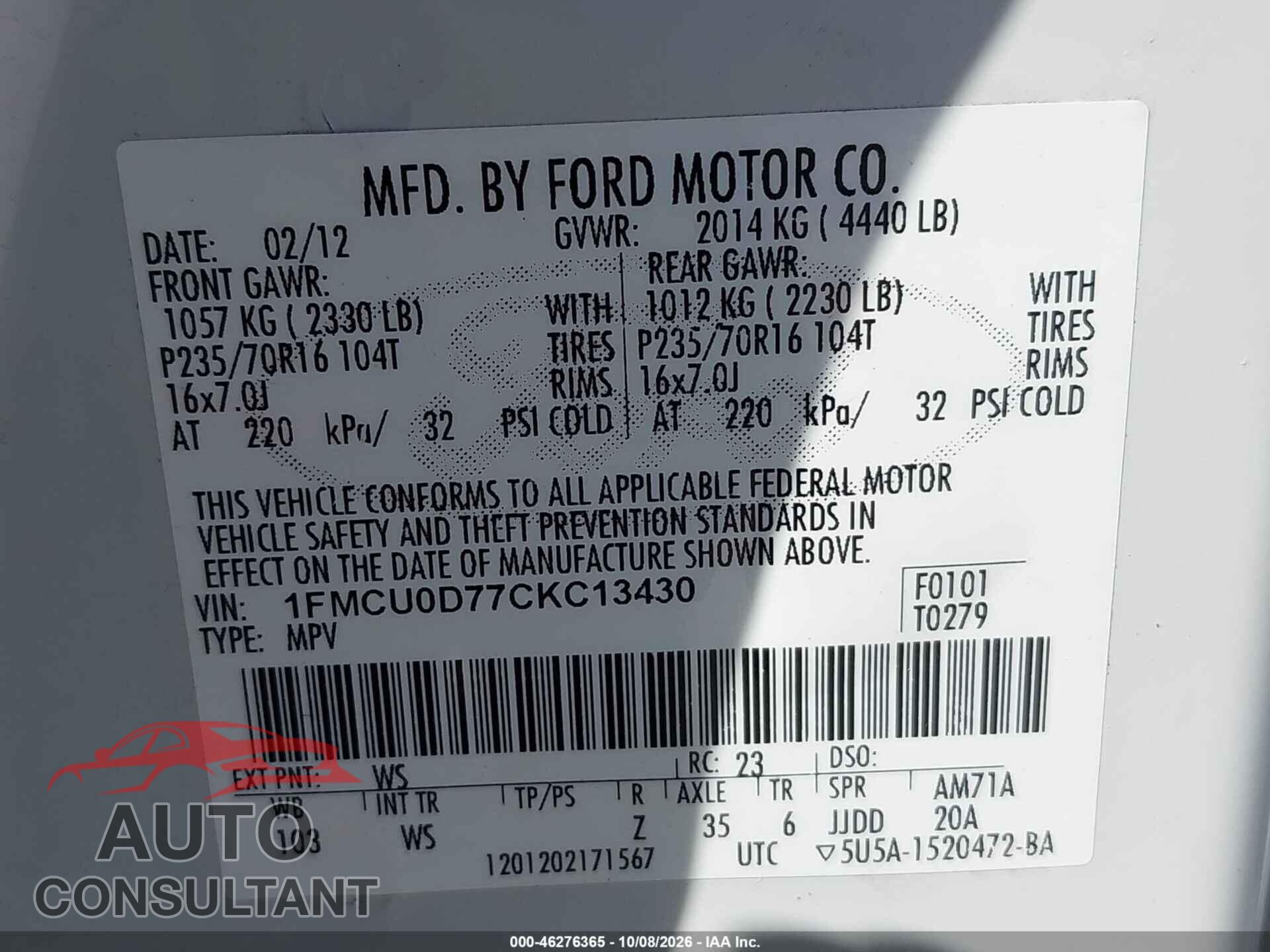 FORD ESCAPE 2012 - 1FMCU0D77CKC13430