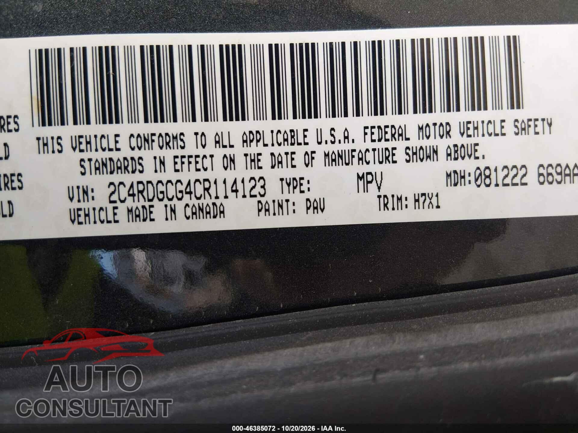 DODGE GRAND CARAVAN 2012 - 2C4RDGCG4CR114123