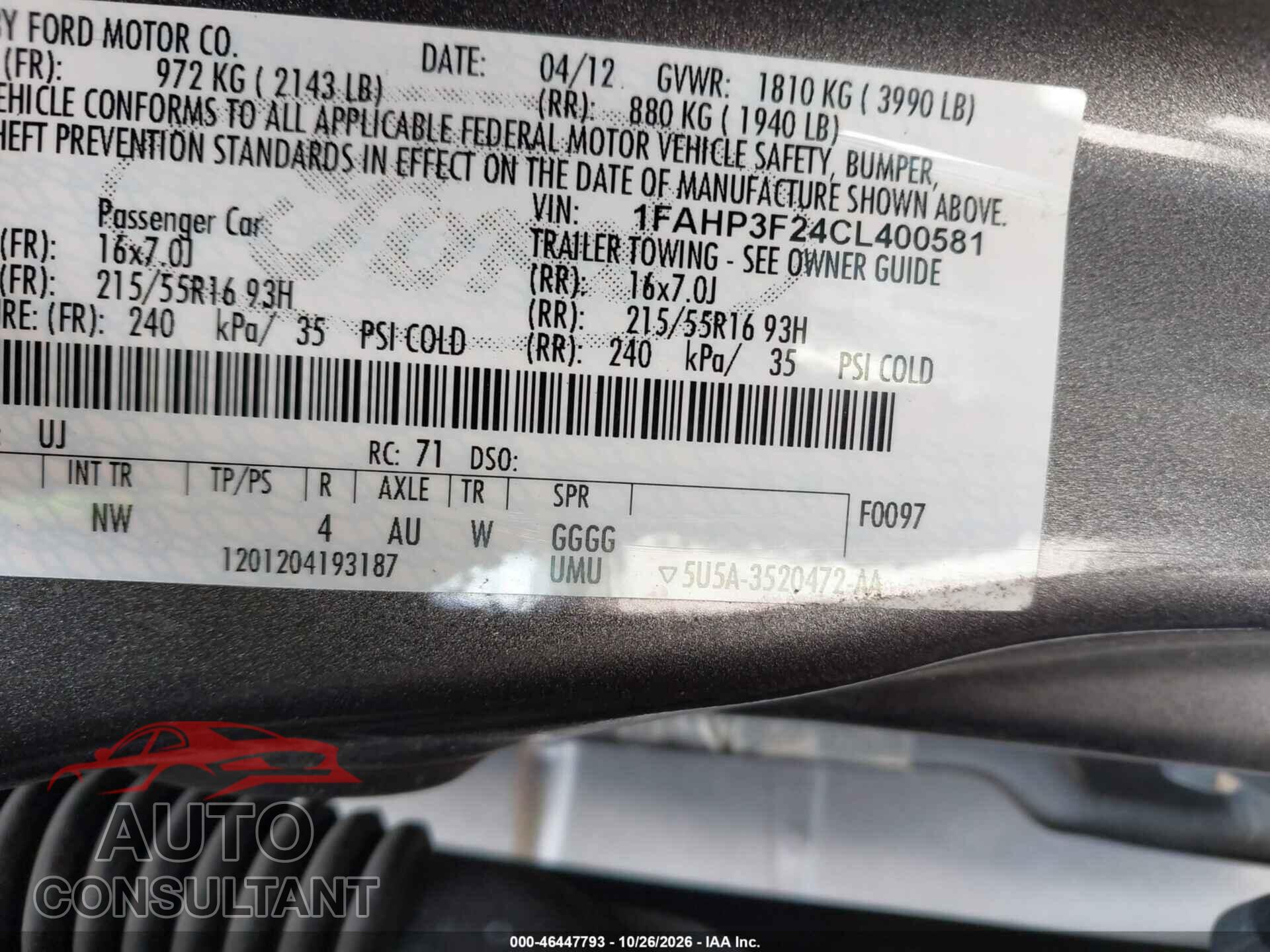 FORD FOCUS 2012 - 1FAHP3F24CL400581