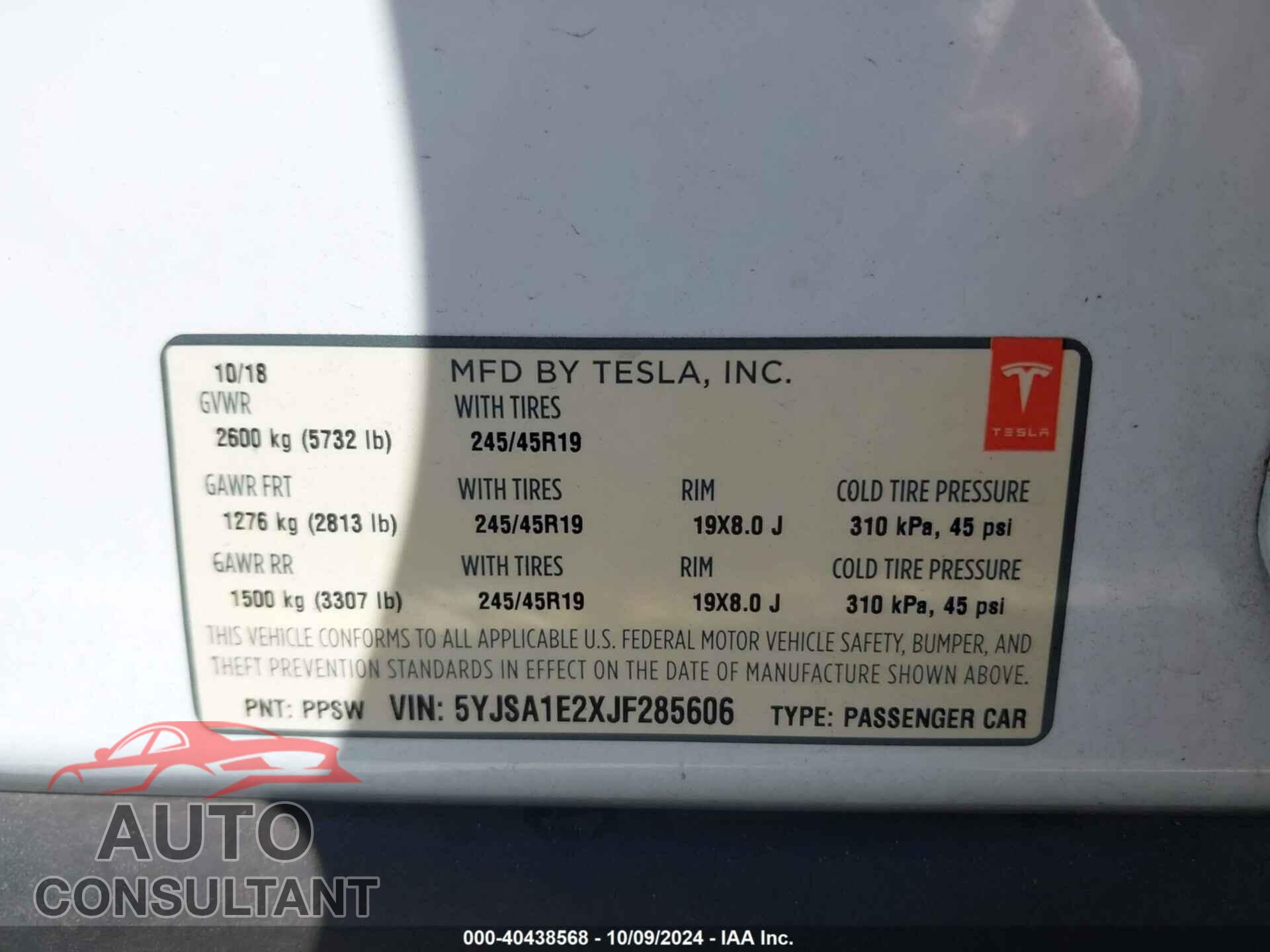 TESLA MODEL S 2018 - 5YJSA1E2XJF285606