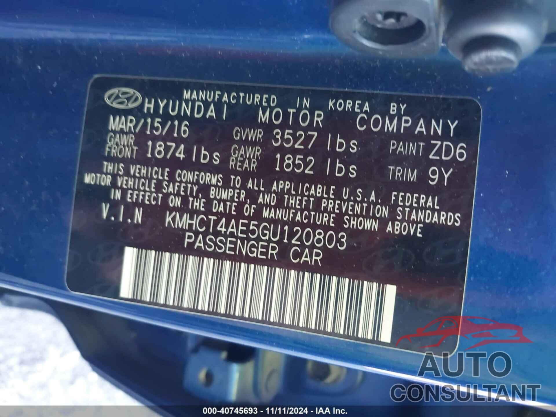 HYUNDAI ACCENT 2016 - KMHCT4AE5GU120803