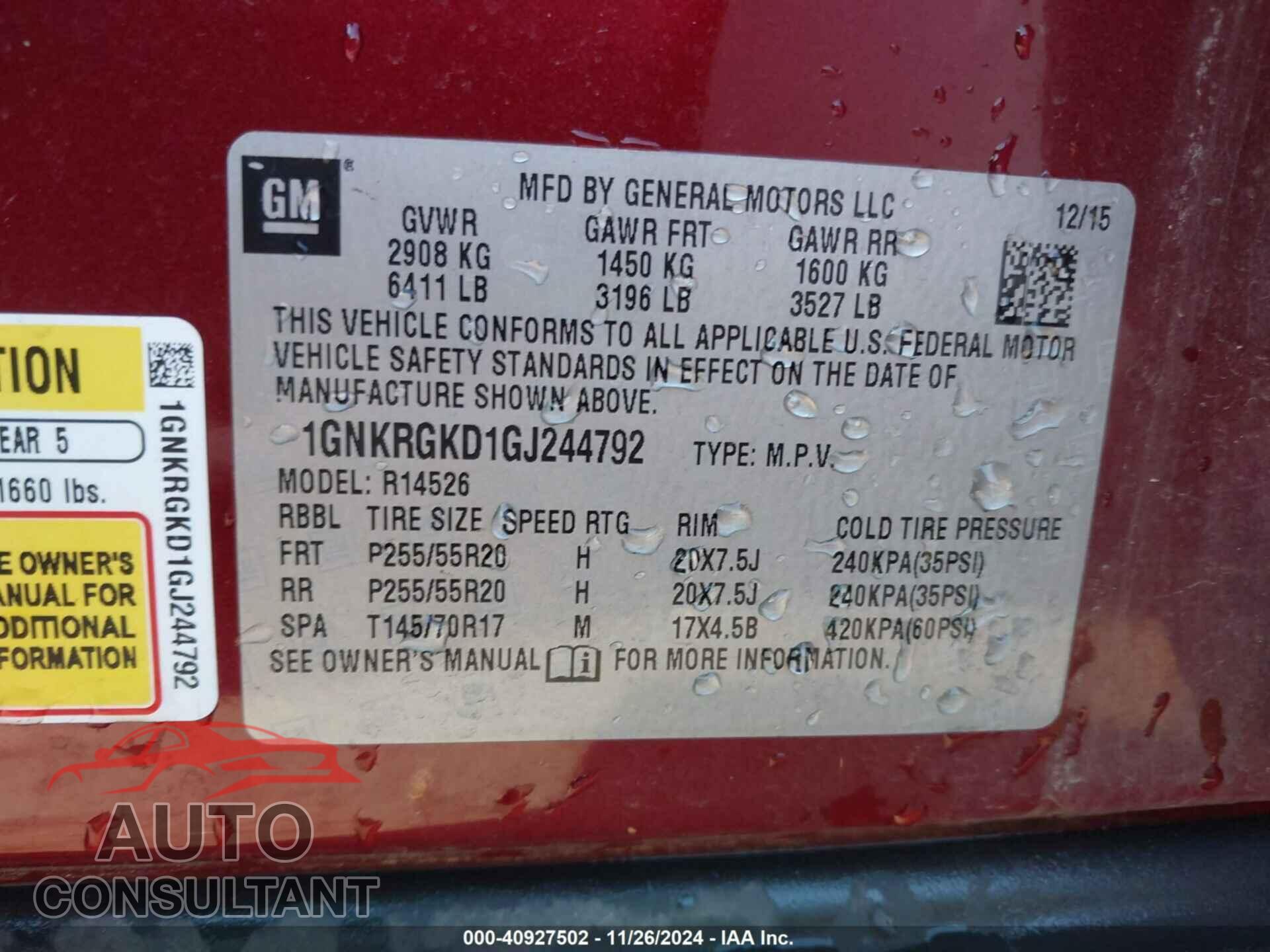 CHEVROLET TRAVERSE 2016 - 1GNKRGKD1GJ244792