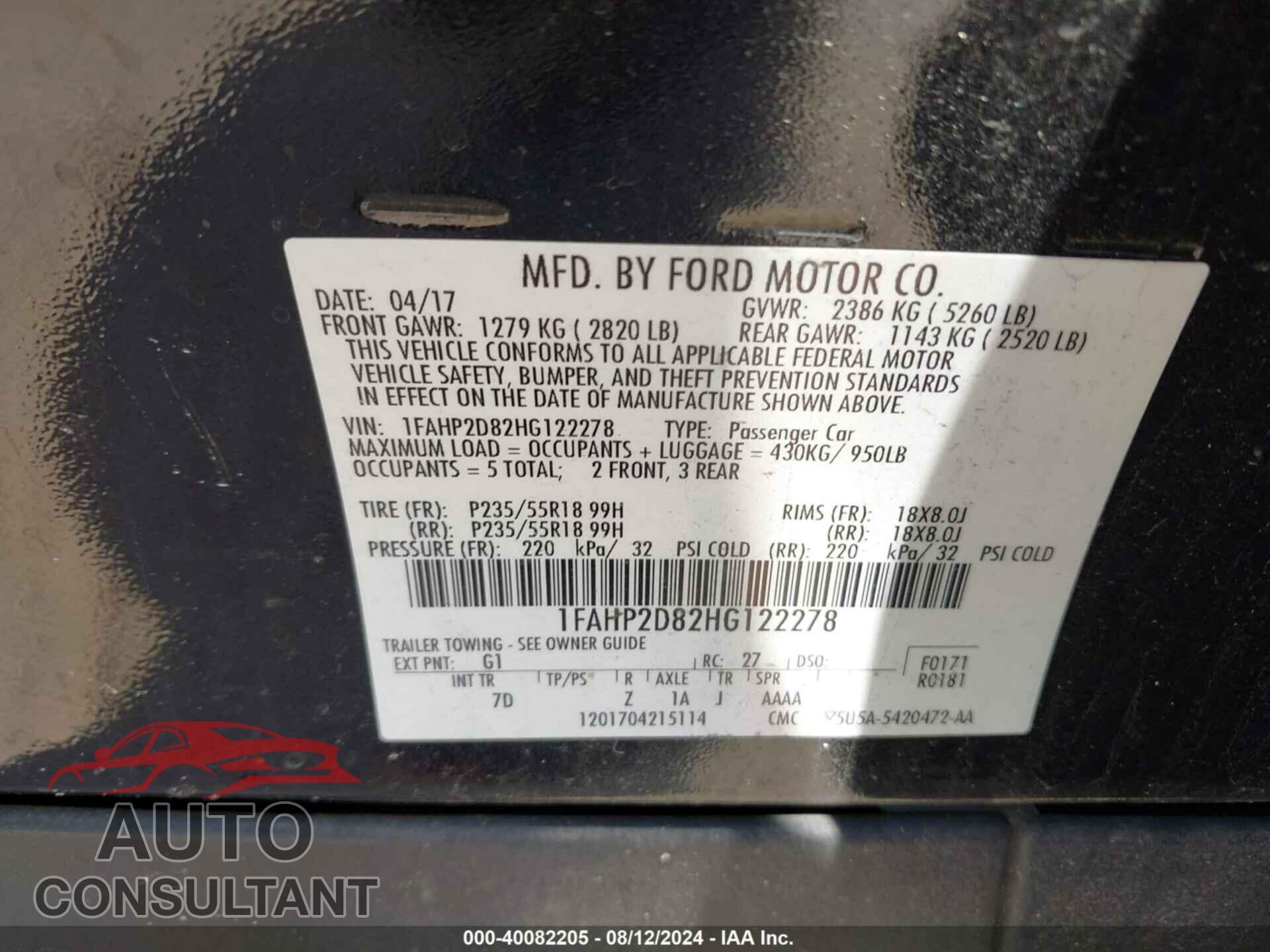 FORD TAURUS 2017 - 1FAHP2D82HG122278