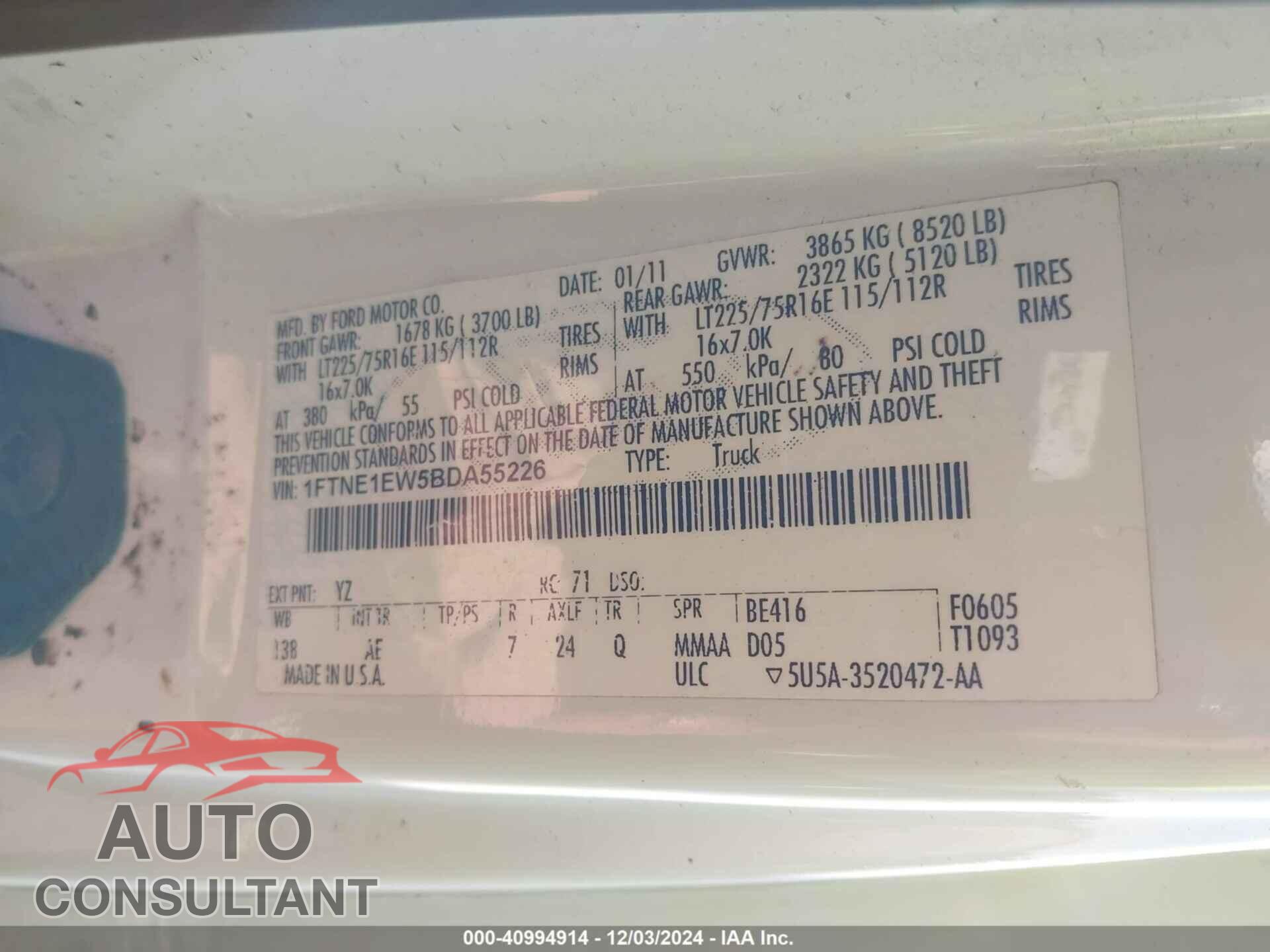 FORD E-150 2011 - 1FTNE1EW5BDA55226