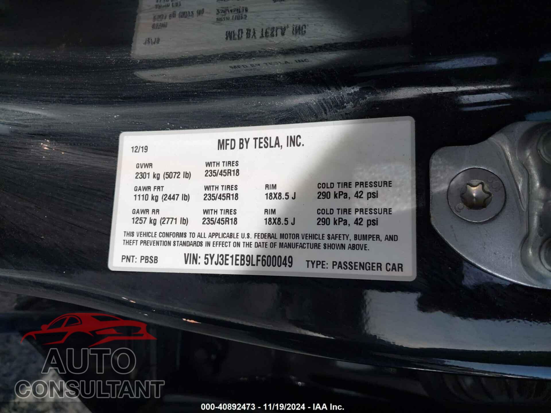 TESLA MODEL 3 2020 - 5YJ3E1EB9LF600049