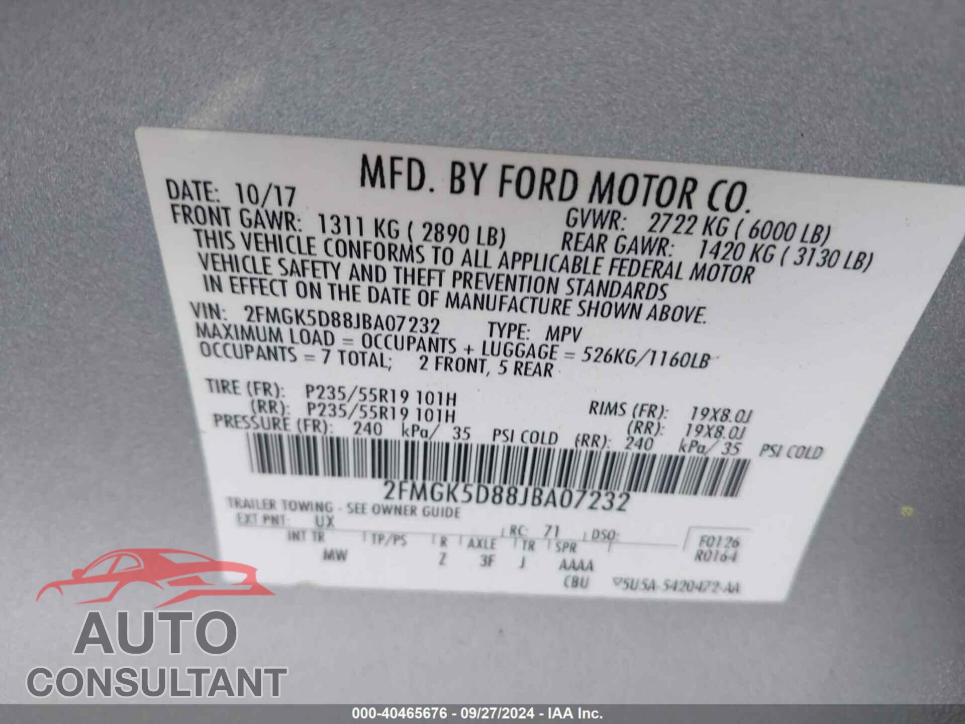 FORD FLEX 2018 - 2FMGK5D88JBA07232