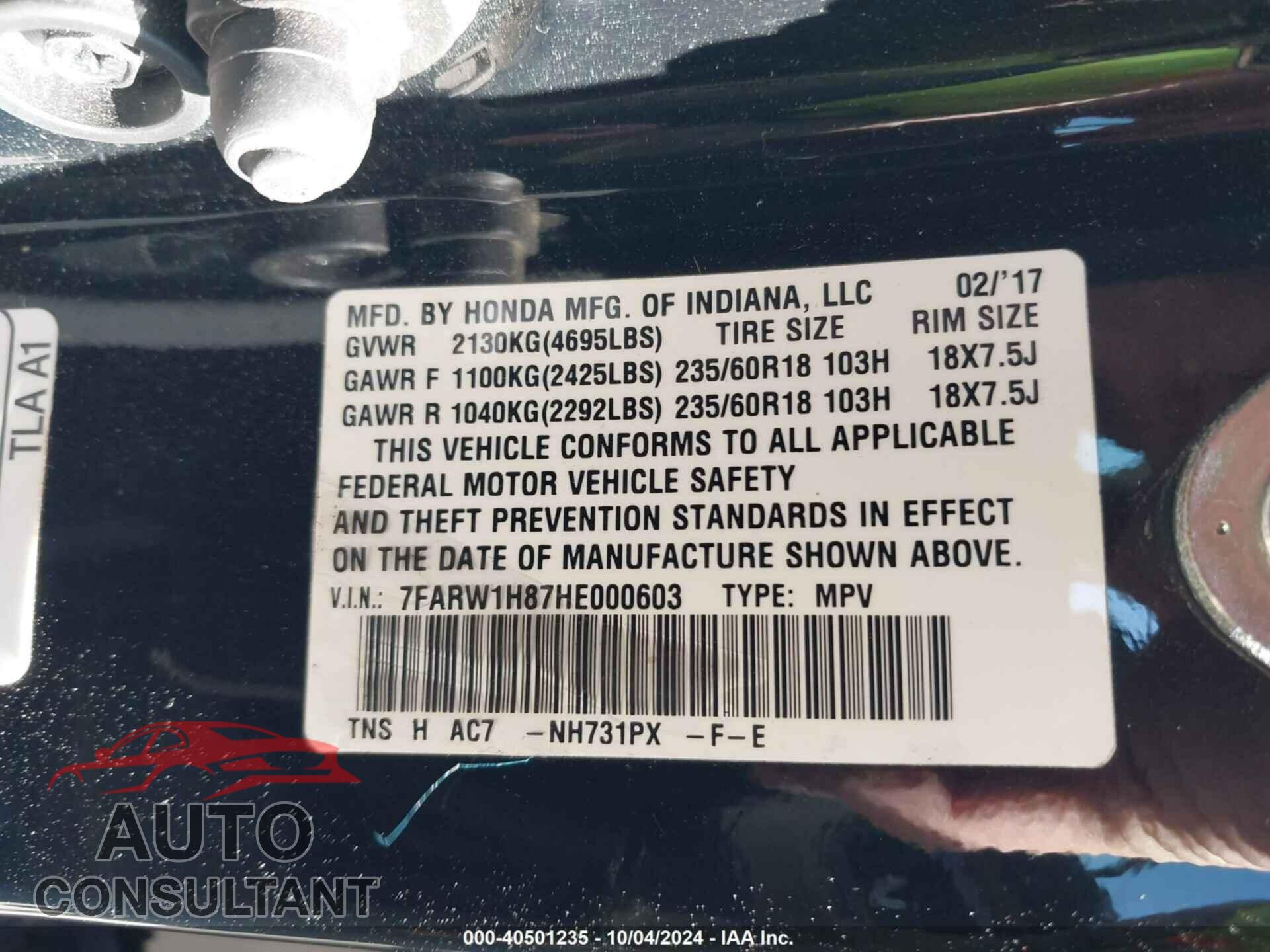 HONDA CR-V 2017 - 7FARW1H87HE000603