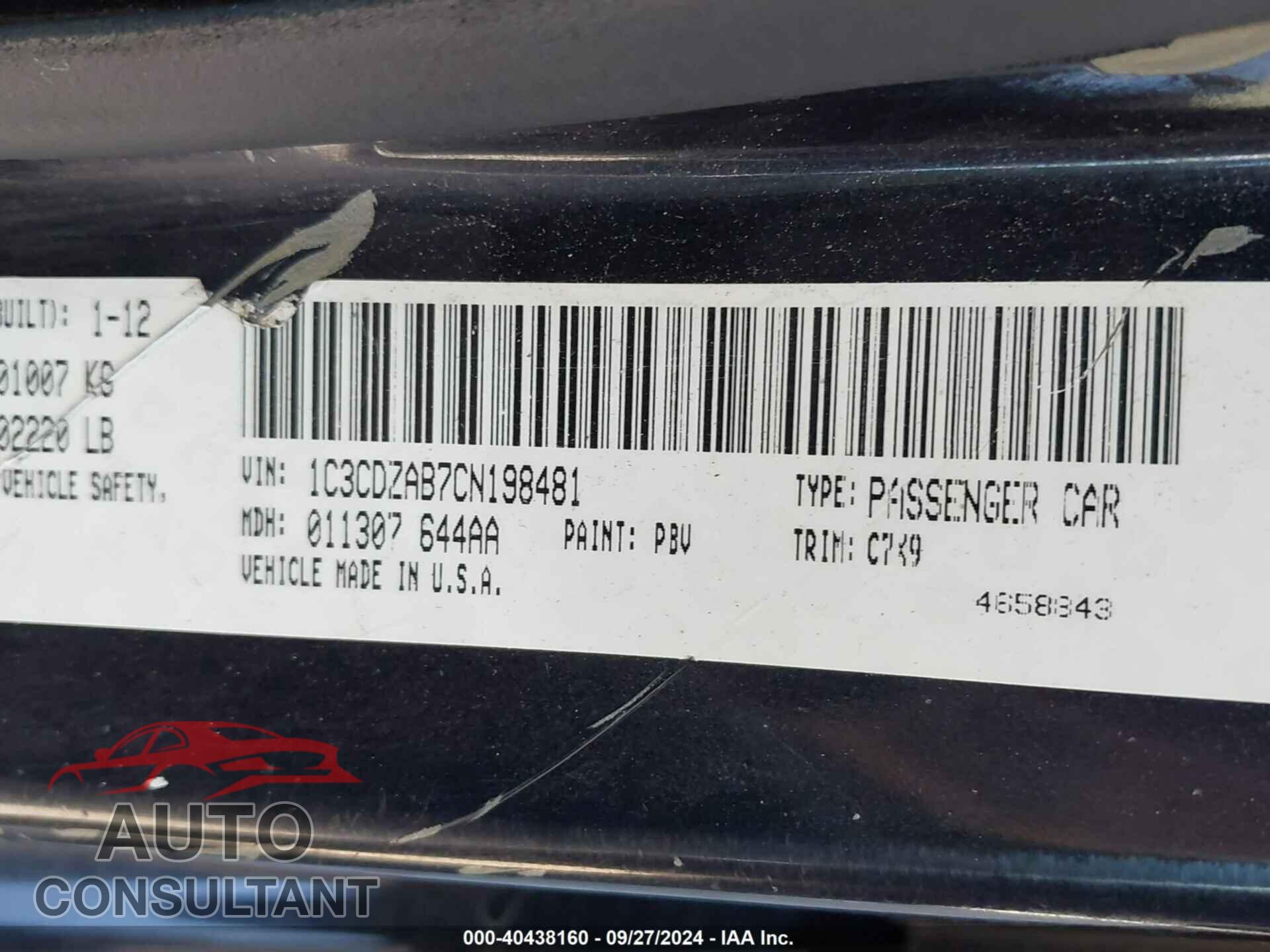 DODGE AVENGER 2012 - 1C3CDZAB7CN198481