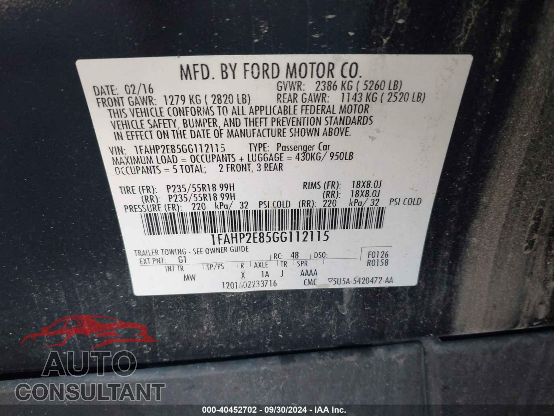 FORD TAURUS 2016 - 1FAHP2E85GG112115