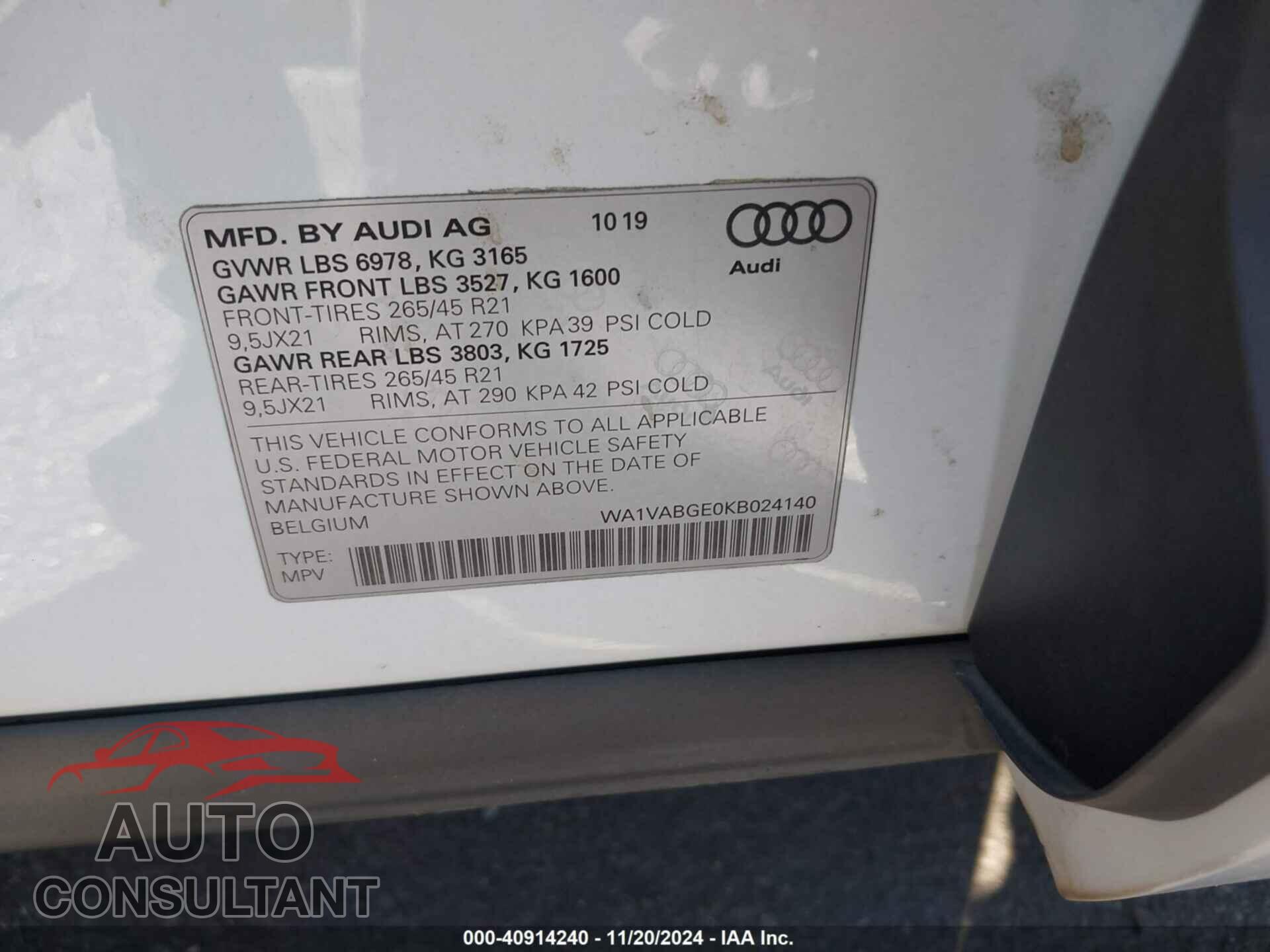 AUDI E-TRON 2019 - WA1VABGE0KB024140
