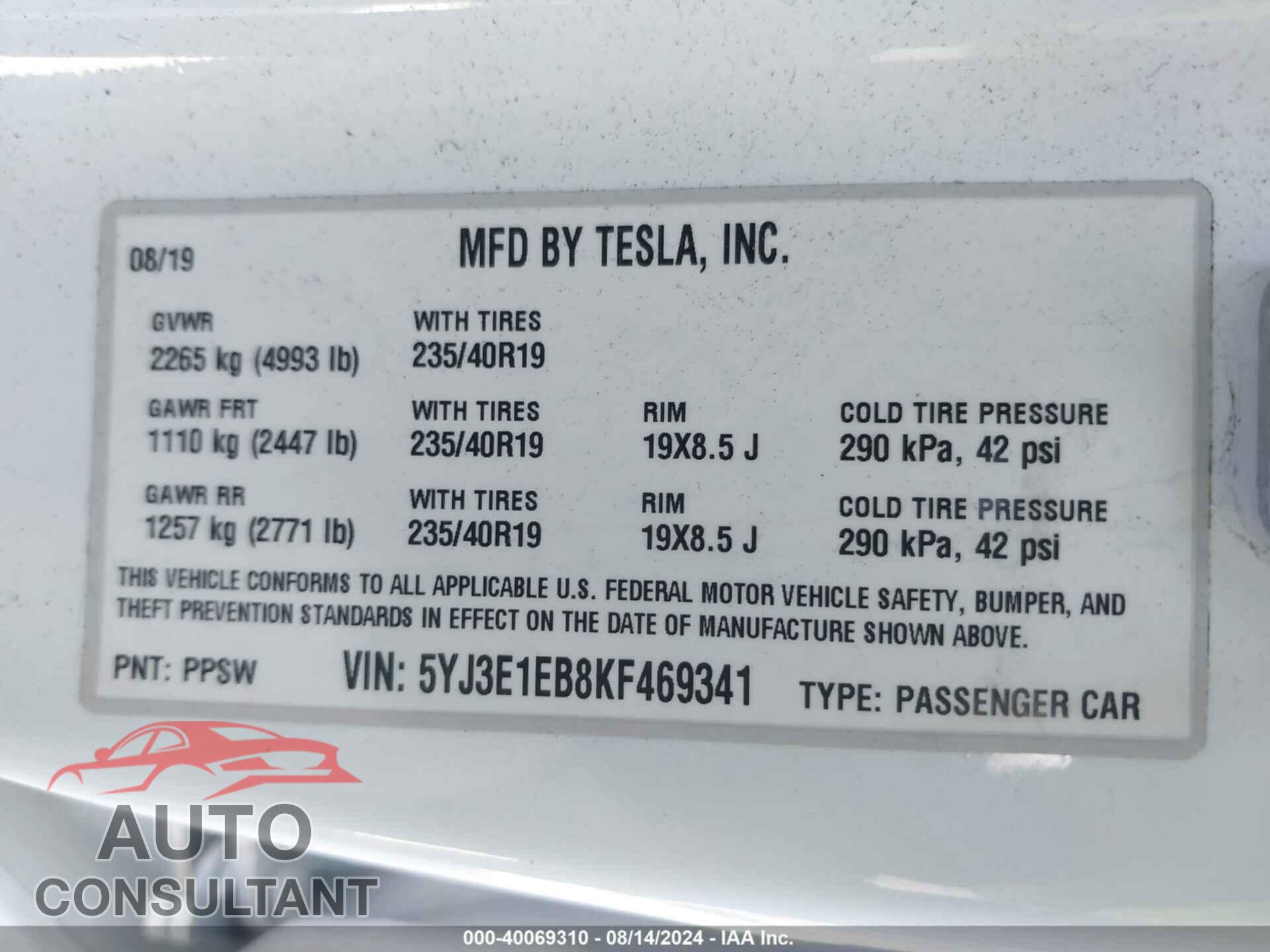 TESLA MODEL 3 2019 - 5YJ3E1EB8KF469341