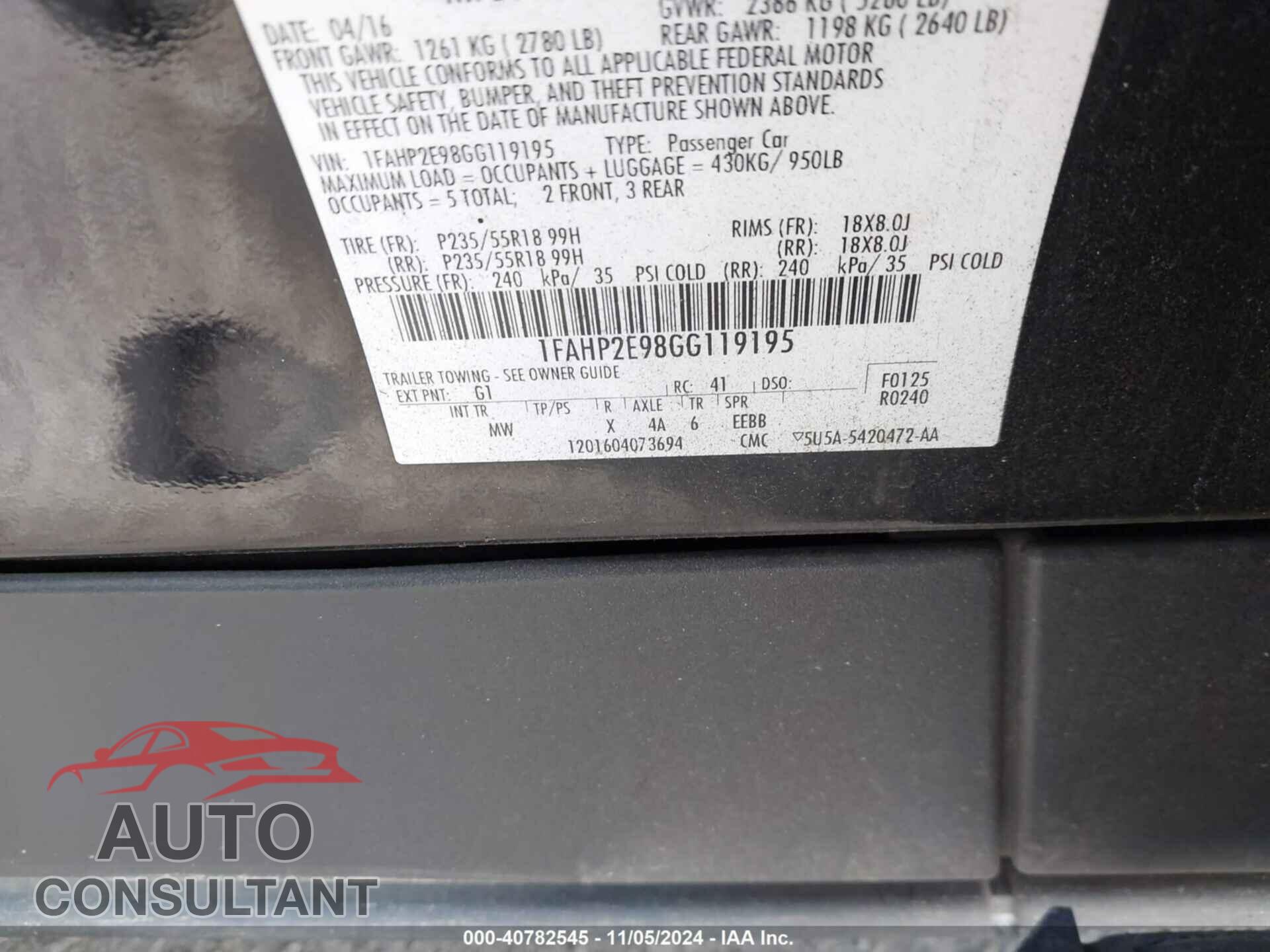 FORD TAURUS 2016 - 1FAHP2E98GG119195