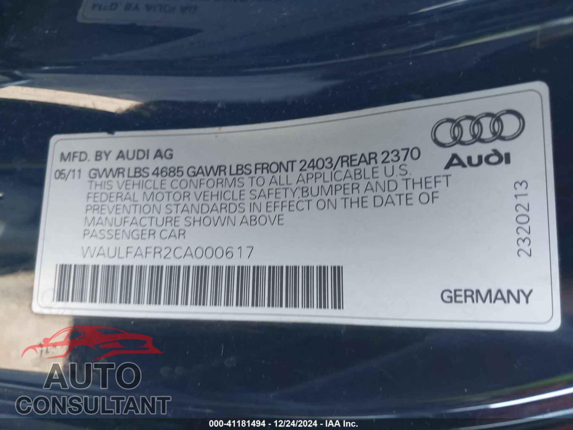 AUDI A5 2012 - WAULFAFR2CA000617