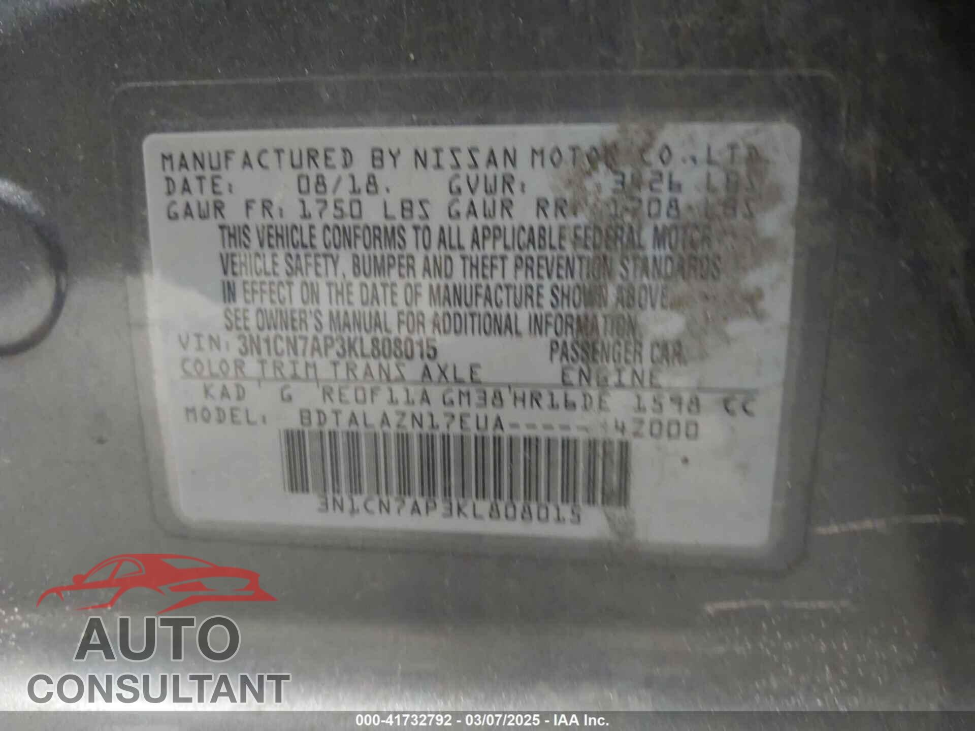 NISSAN VERSA 2019 - 3N1CN7AP3KL808015