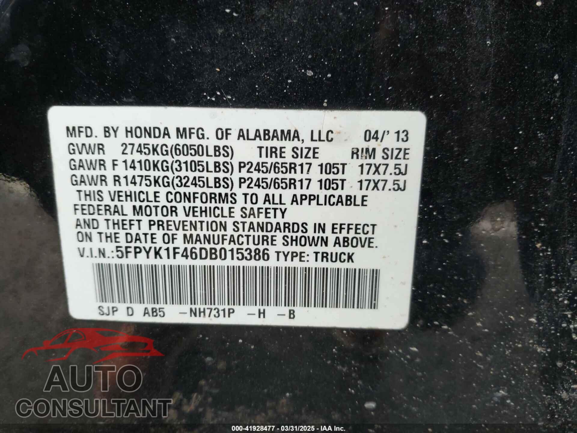 HONDA RIDGELINE 2013 - 5FPYK1F46DB015386