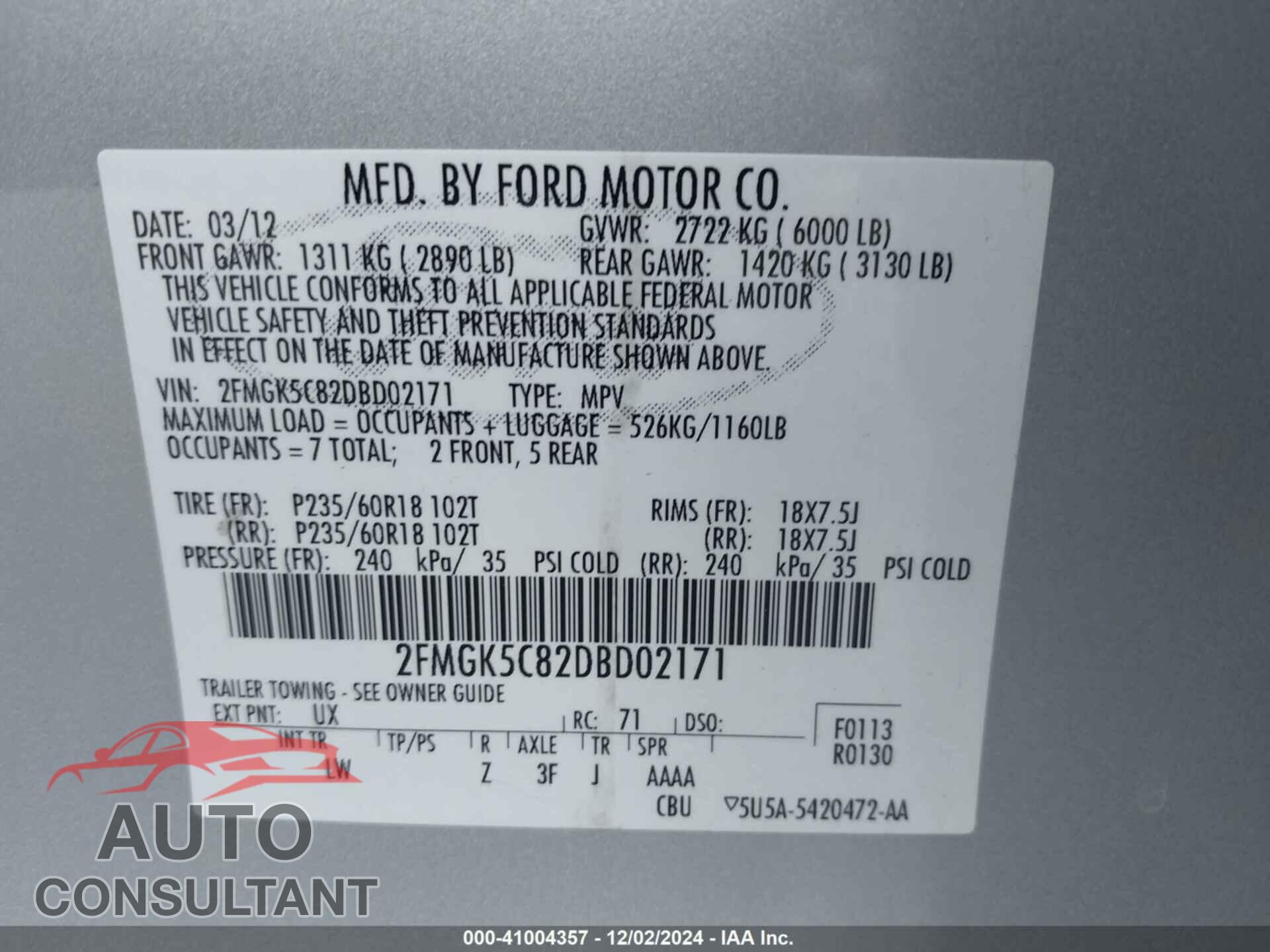 FORD FLEX 2013 - 2FMGK5C82DBD02171