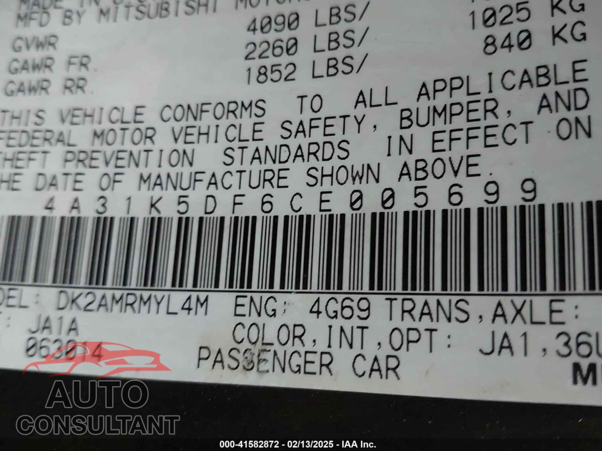 MITSUBISHI ECLIPSE 2012 - 4A31K5DF6CE005699