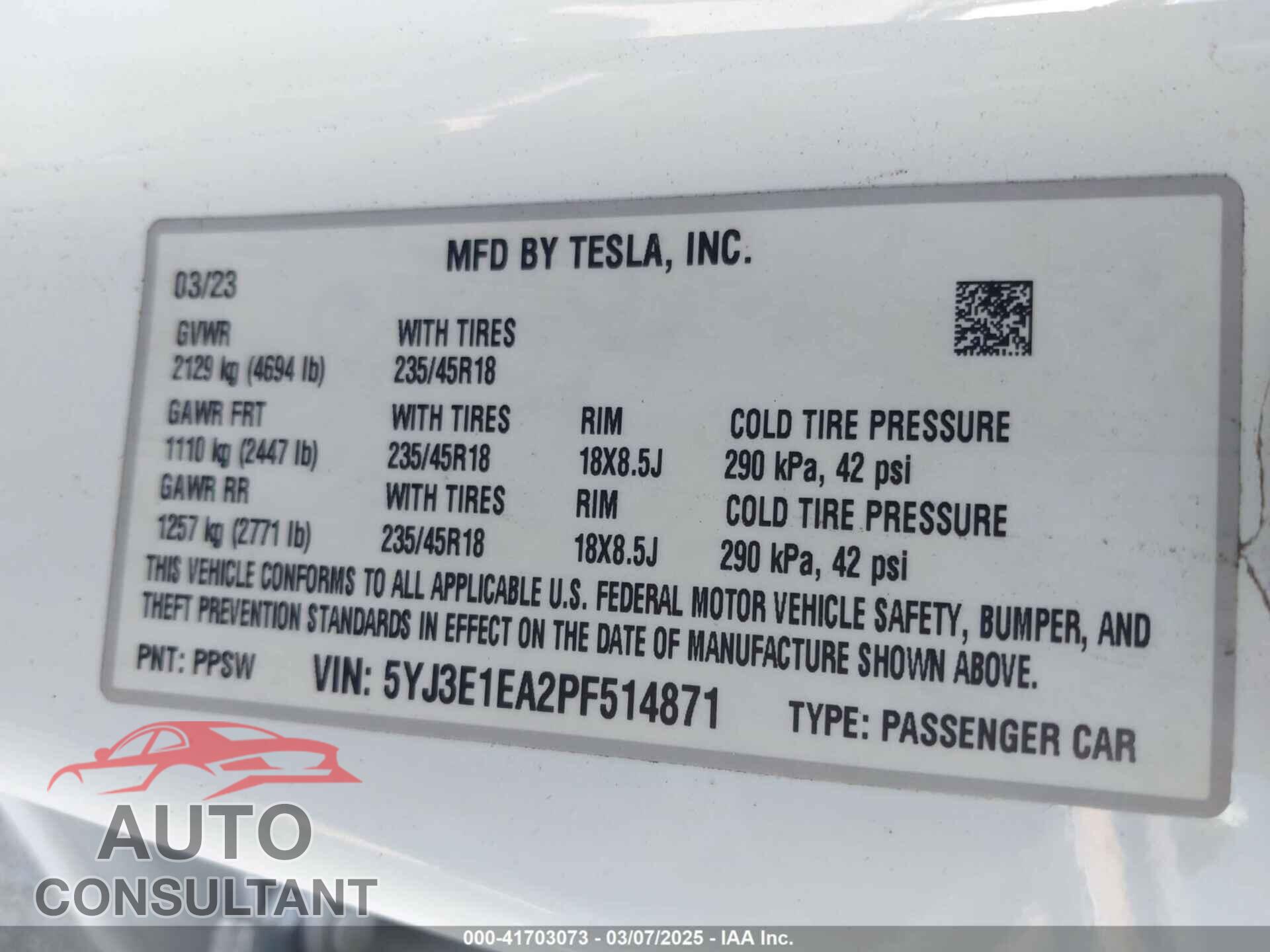 TESLA MODEL 3 2023 - 5YJ3E1EA2PF514871