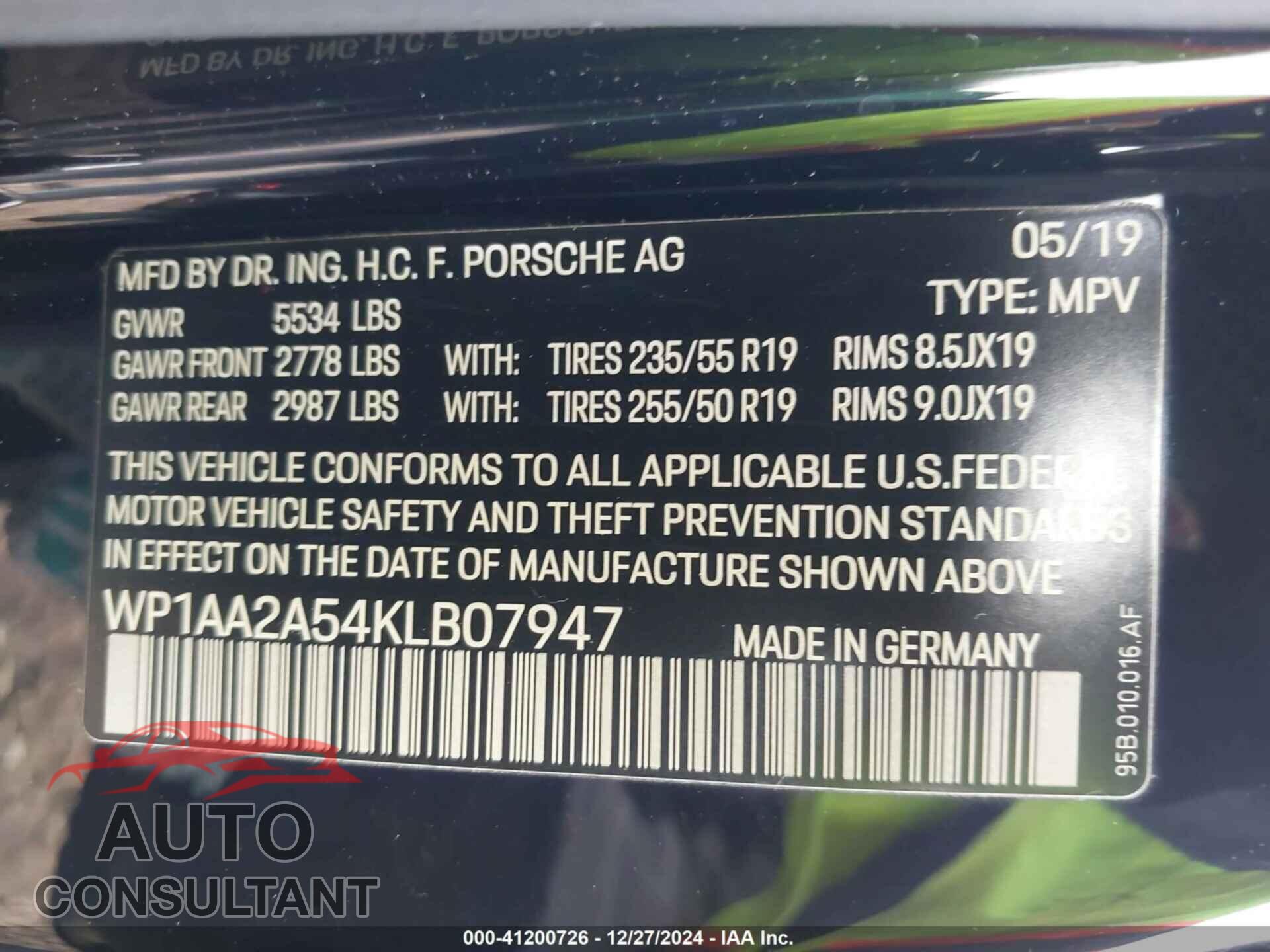 PORSCHE MACAN 2019 - WP1AA2A54KLB07947