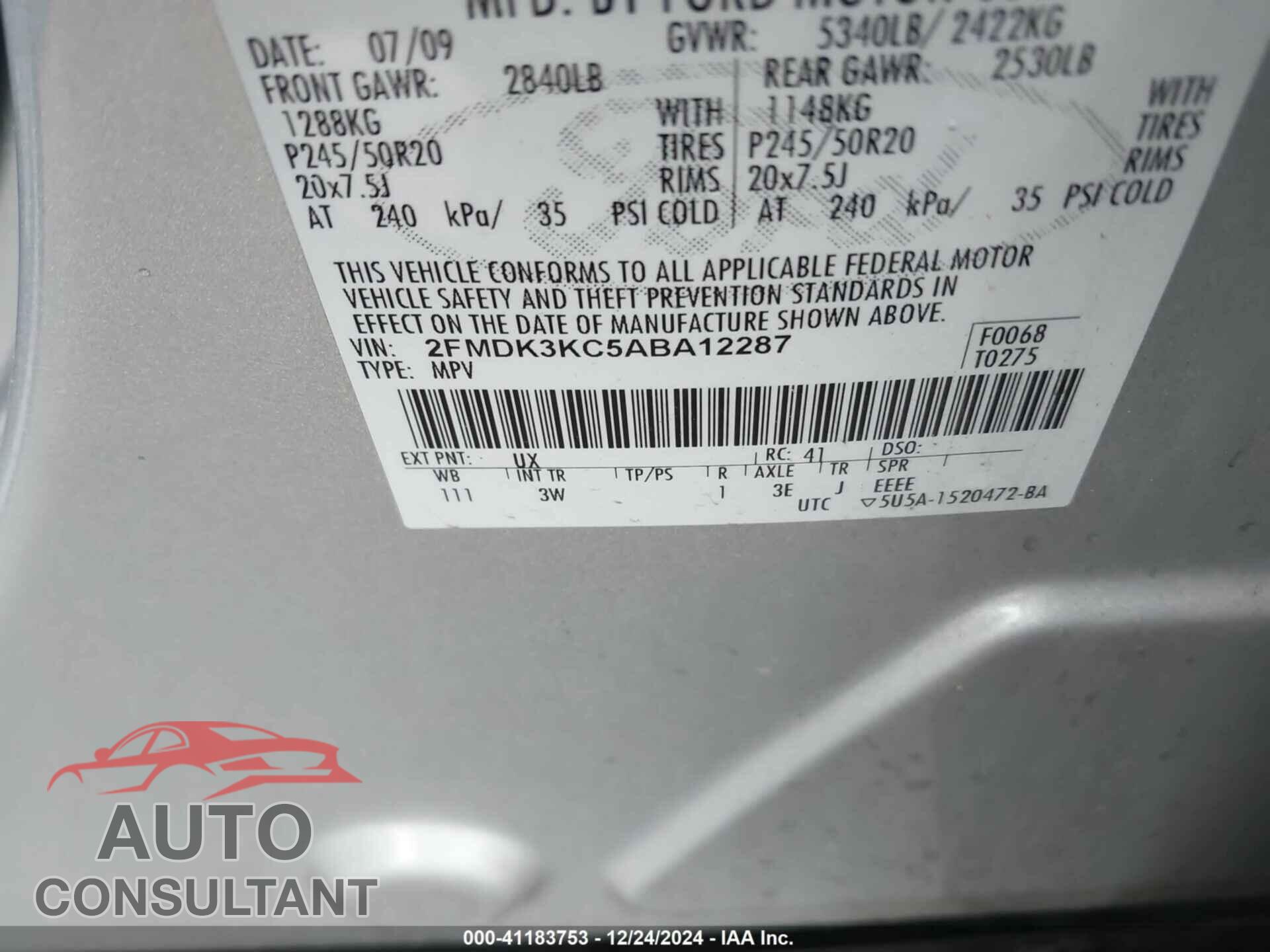 FORD EDGE 2010 - 2FMDK3KC5ABA12287