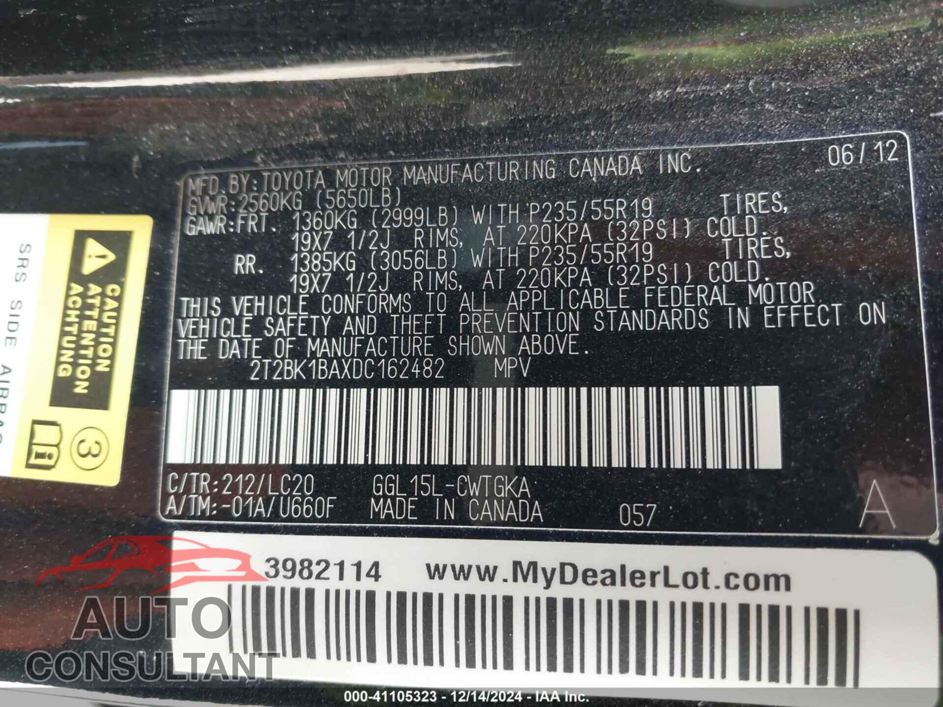 LEXUS RX 350 2013 - 2T2BK1BAXDC162482