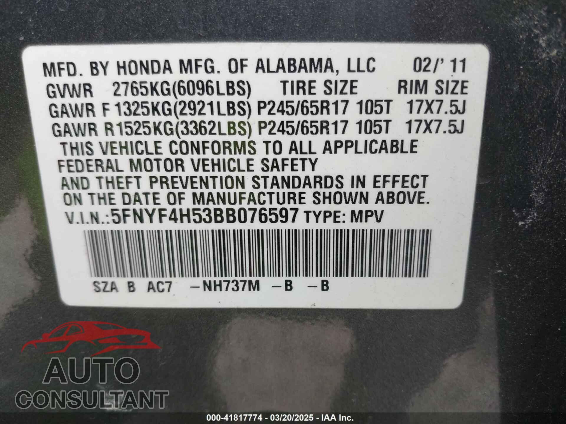 HONDA PILOT 2011 - 5FNYF4H53BB076597