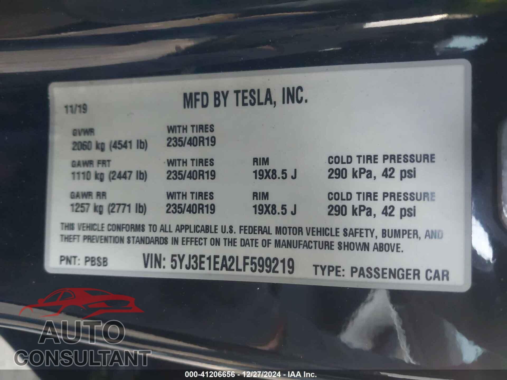 TESLA MODEL 3 2020 - 5YJ3E1EA2LF599219