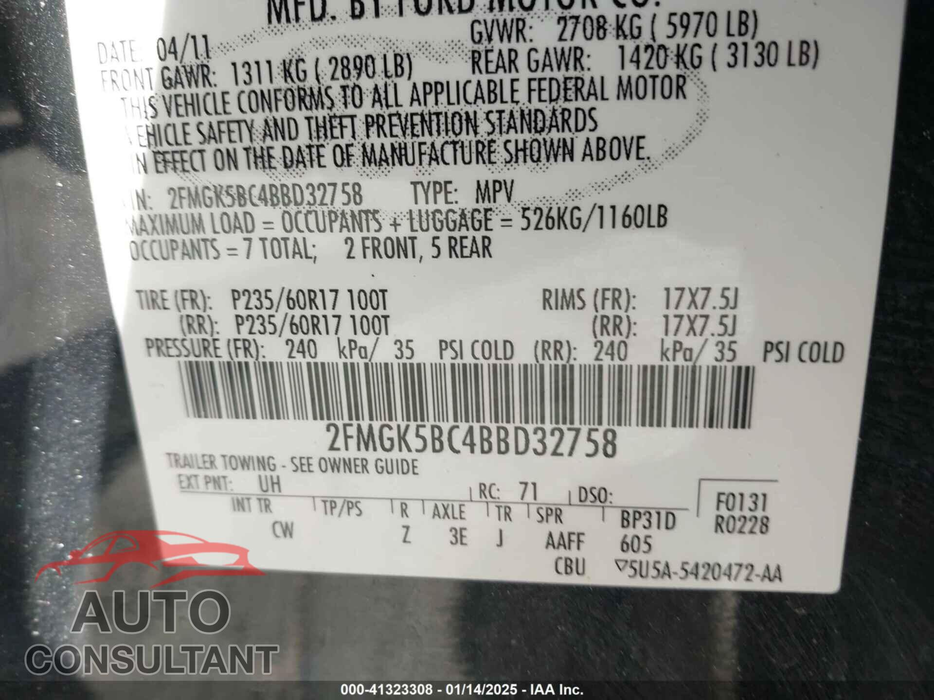 FORD FLEX 2011 - 2FMGK5BC4BBD32758