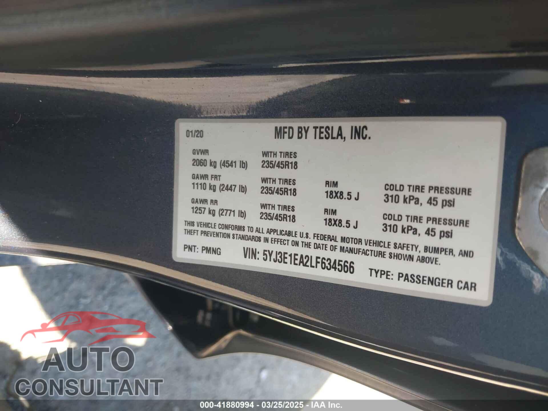 TESLA MODEL 3 2020 - 5YJ3E1EA2LF634566