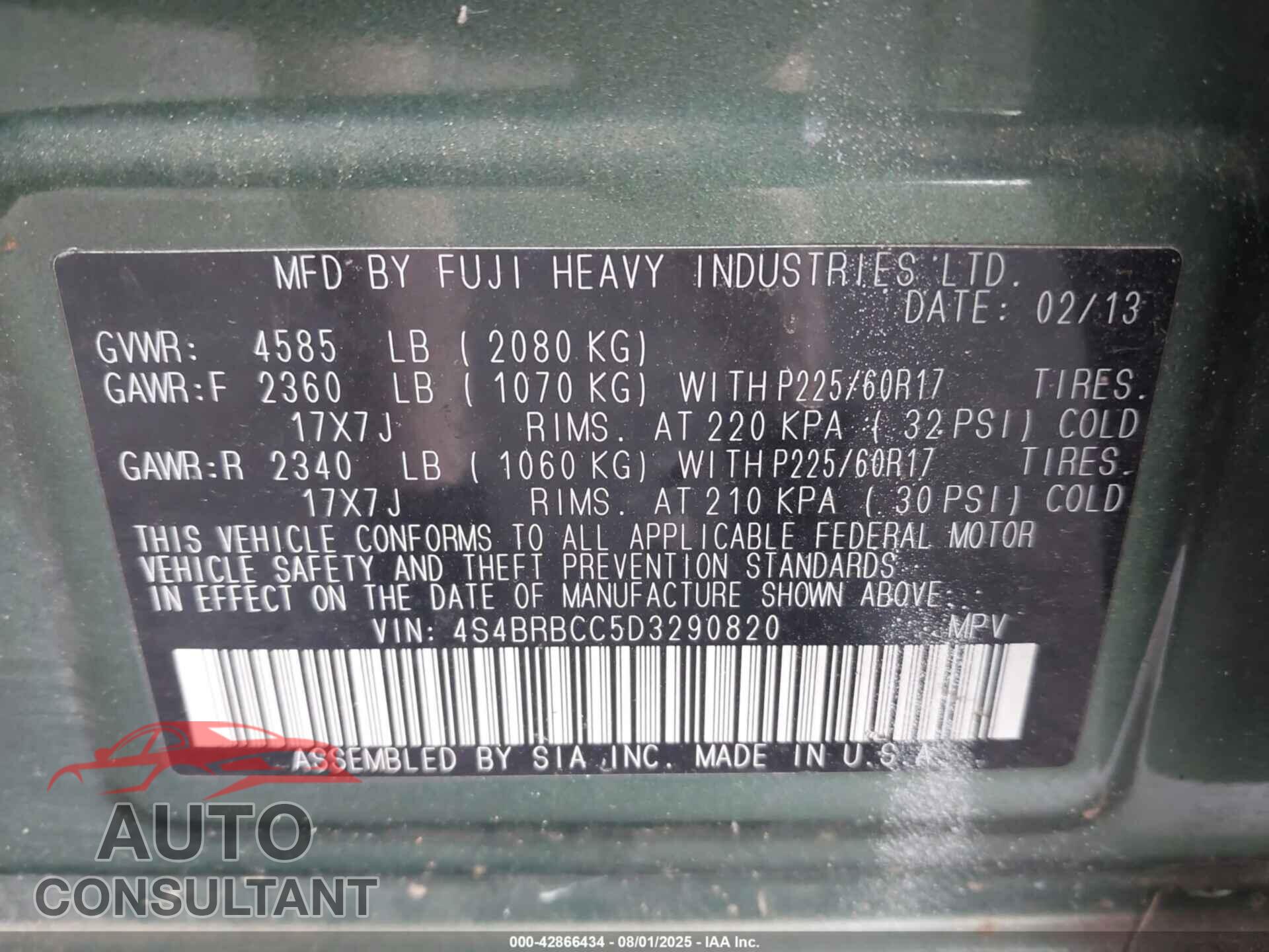 SUBARU OUTBACK 2013 - 4S4BRBCC5D3290820
