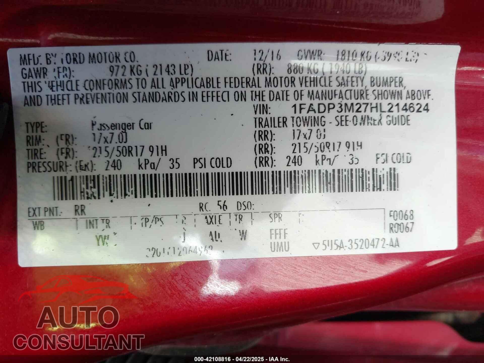 FORD FOCUS 2017 - 1FADP3M27HL214624