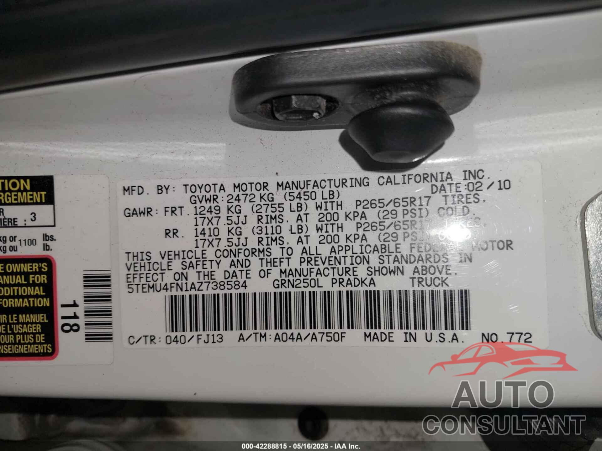 TOYOTA TACOMA 2010 - 5TEMU4FN1AZ738584