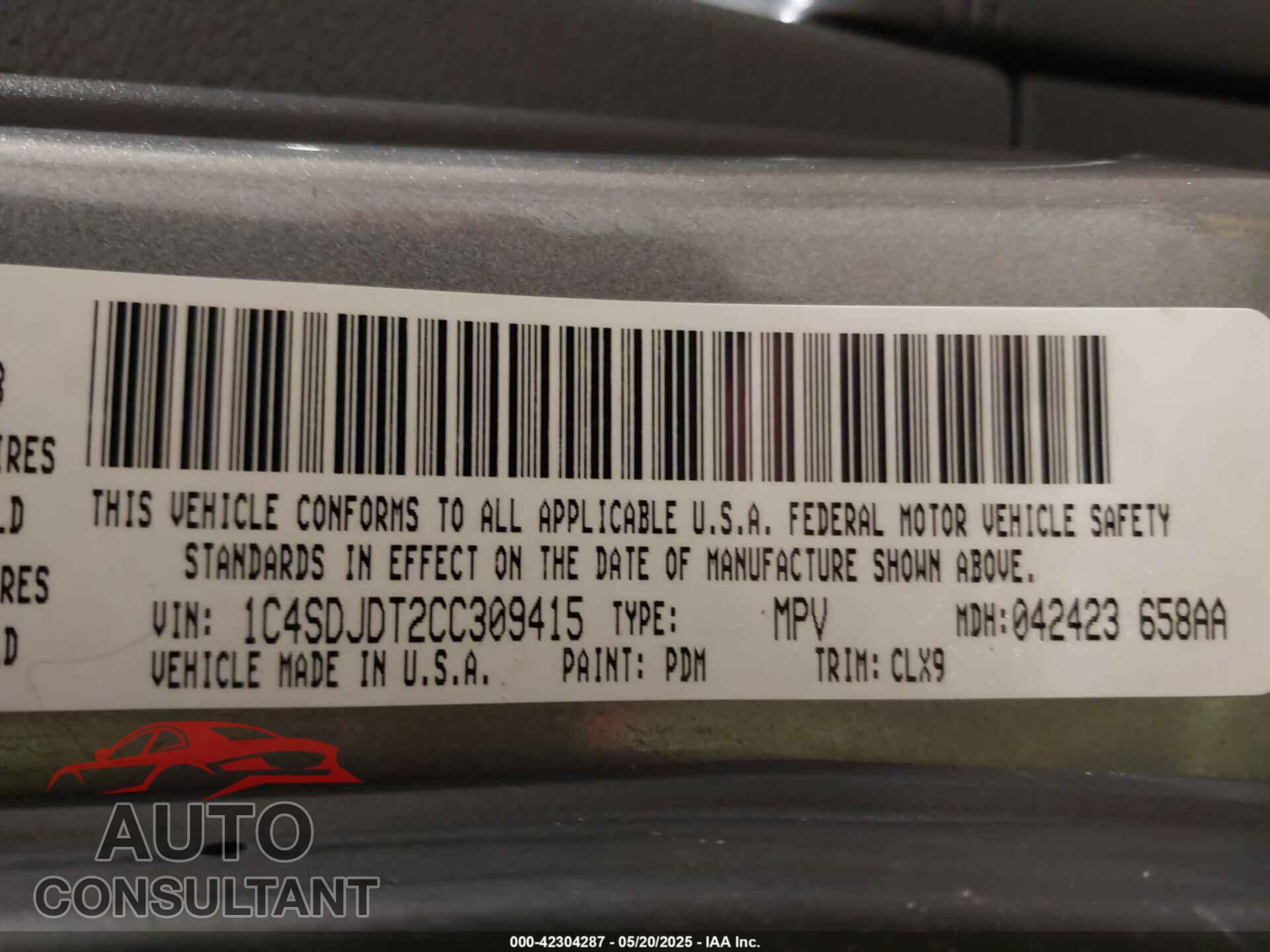 DODGE DURANGO 2012 - 1C4SDJDT2CC309415