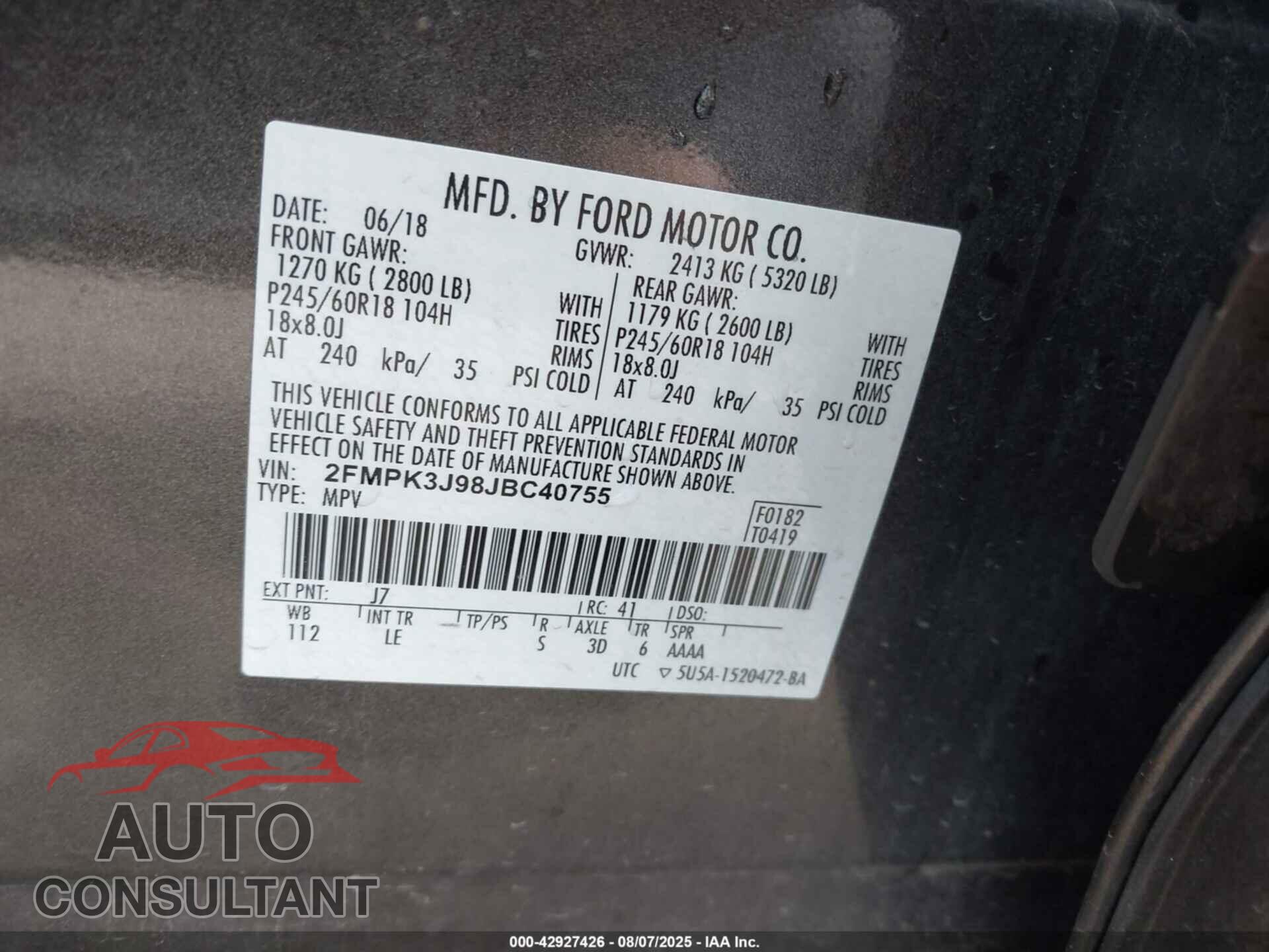 FORD EDGE 2018 - 2FMPK3J98JBC40755
