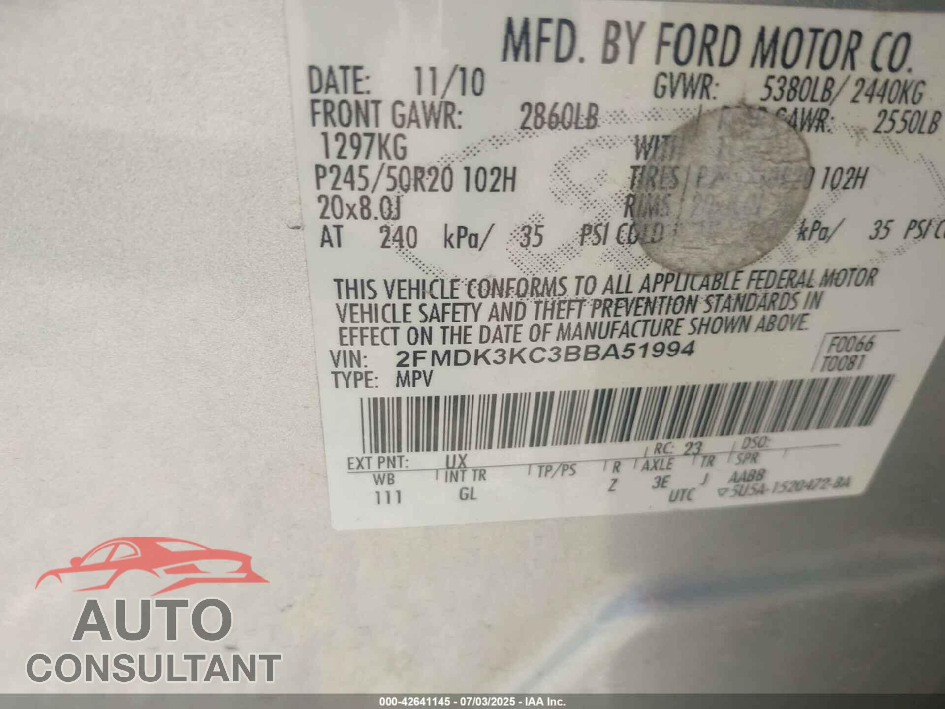 FORD EDGE 2011 - 2FMDK3KC3BBA51994