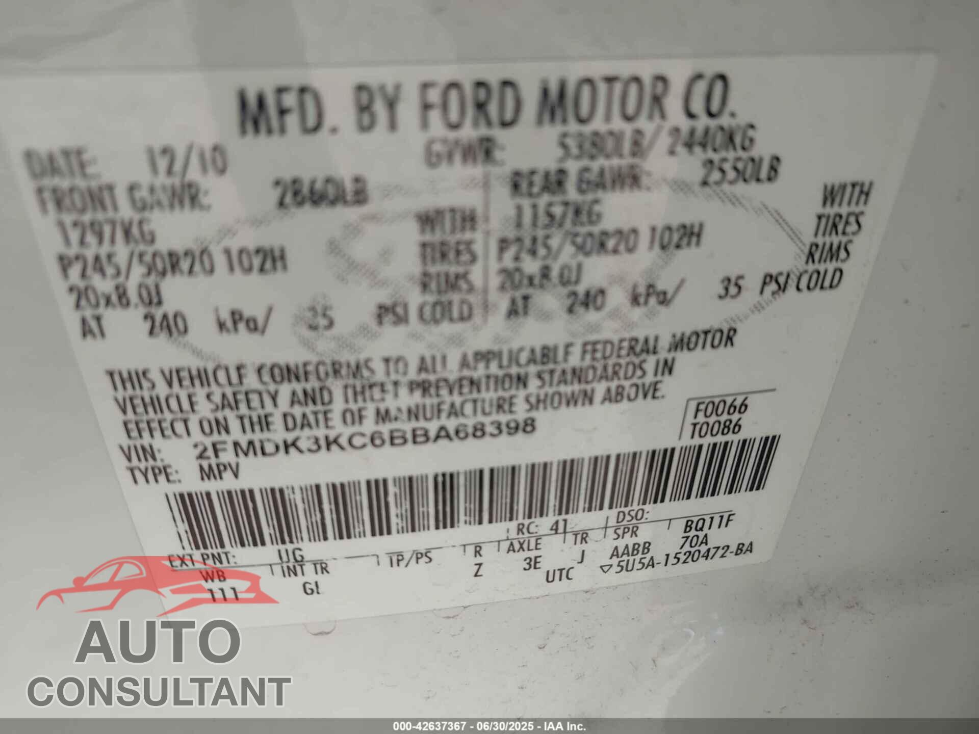 FORD EDGE 2011 - 2FMDK3KC6BBA68398
