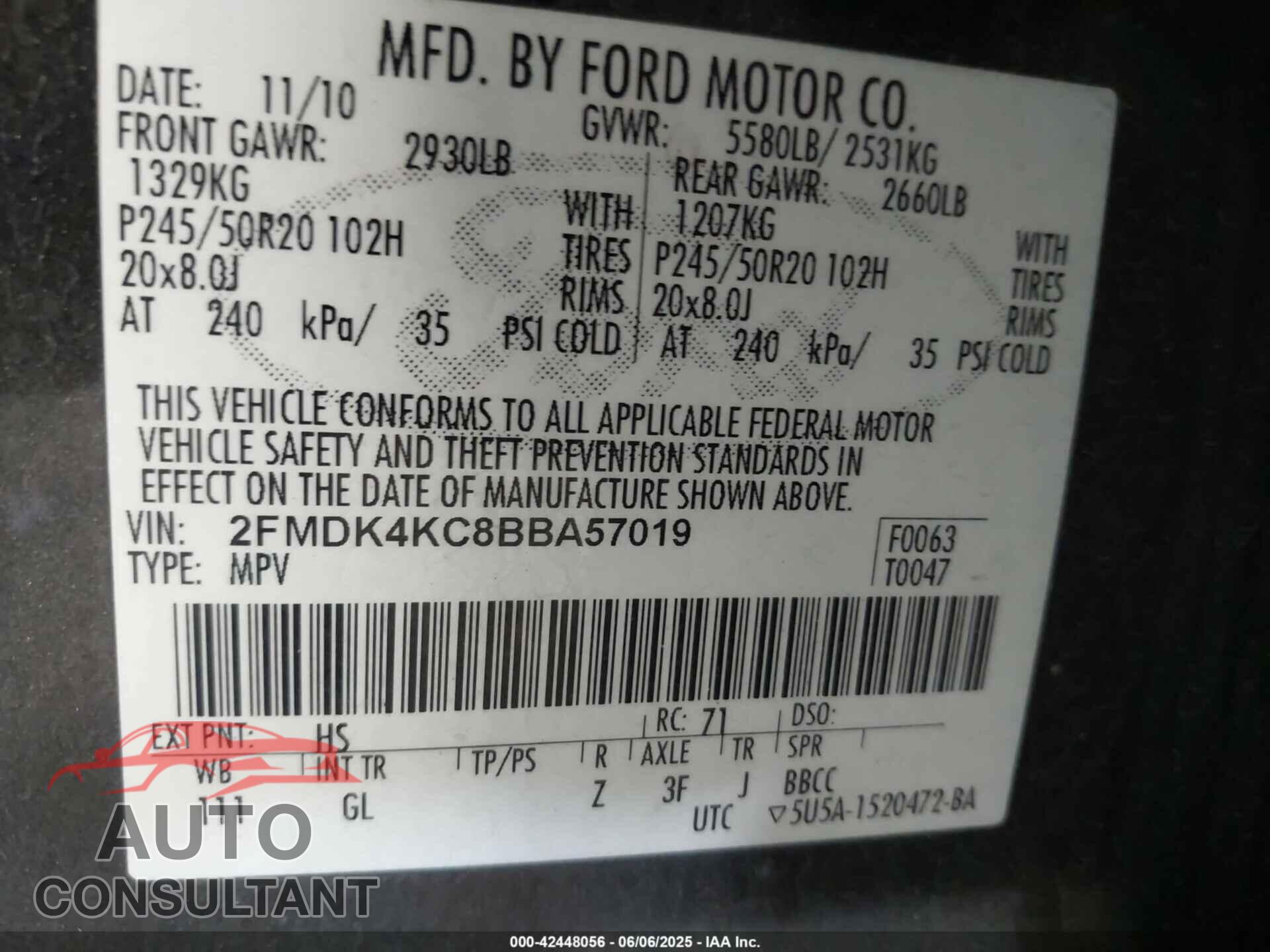 FORD EDGE 2011 - 2FMDK4KC8BBA57019