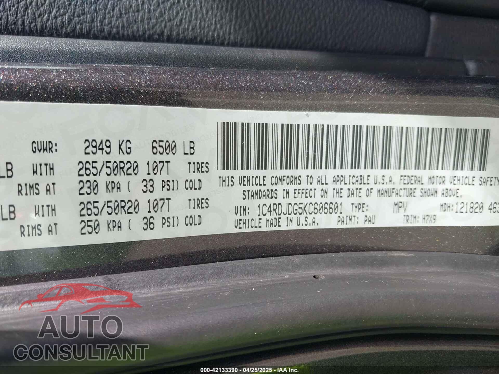 DODGE DURANGO 2019 - 1C4RDJDG5KC606601